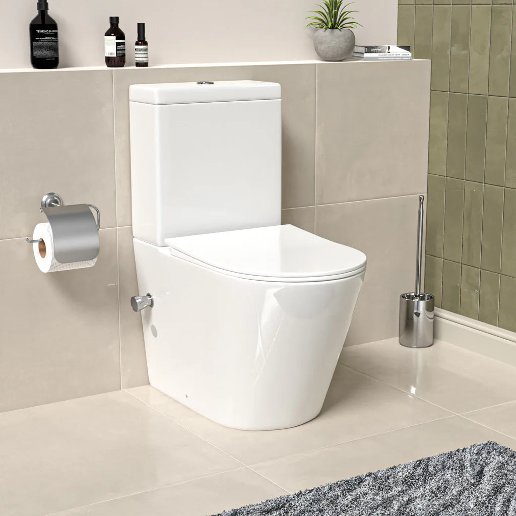 Round Rimless Close Coupled Toilet Pan With Integrated Bidet Valve