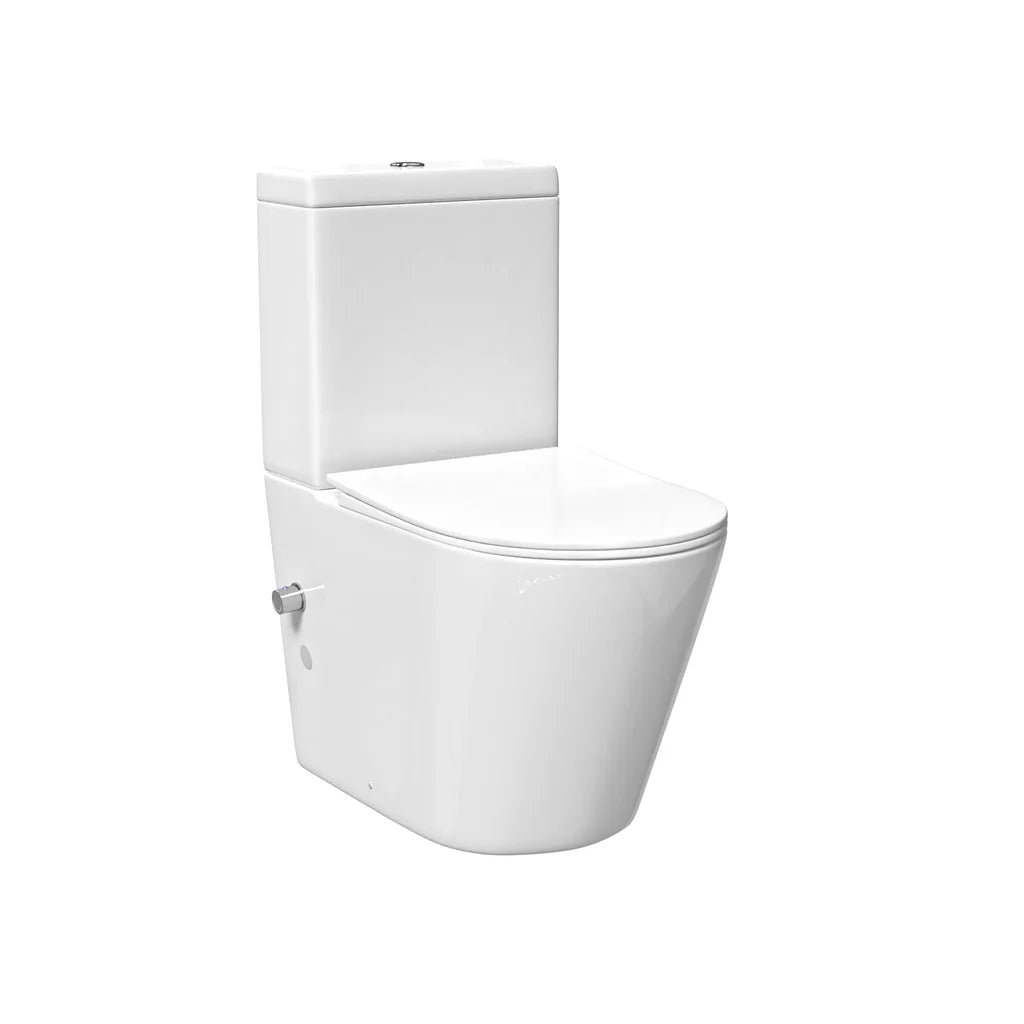 Round Rimless Close Coupled Toilet With Integrated Hot Cold Bidet Valve