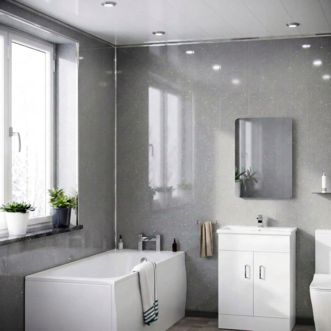 Grey Sparkle Glossy PVC Ceiling Panel/Shower Wall Panel 250mm X 2700mm X 5mm (Pack Of 4)