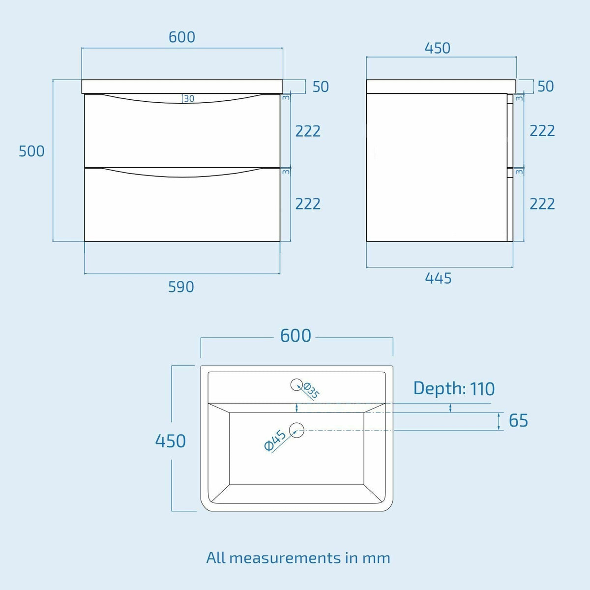 Merton 600mm Wall Hung Vanity Basin Unit White
