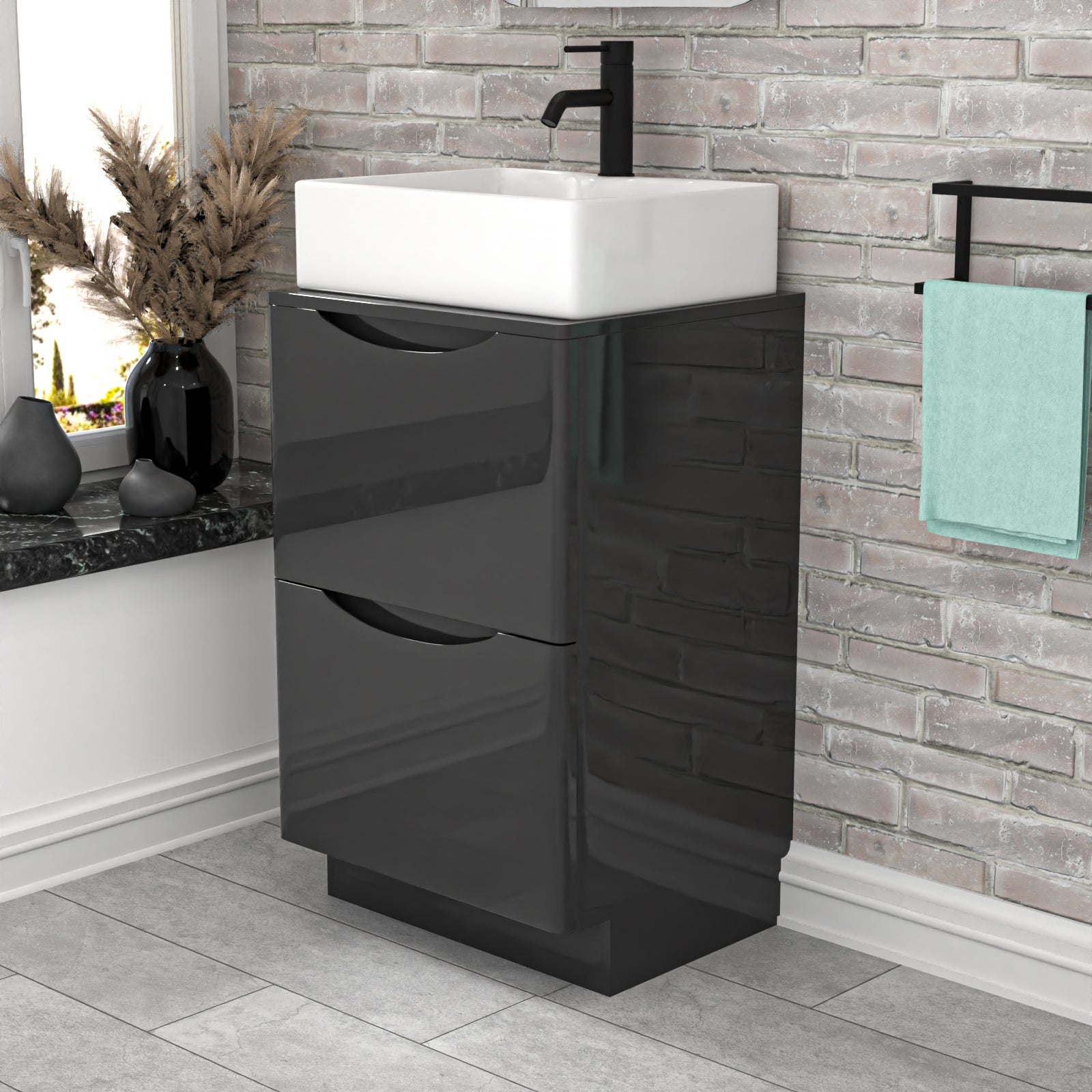 Merton 500mm Dark Grey Bathroom Vanity Unit, Worktop With Square Bowl Basin