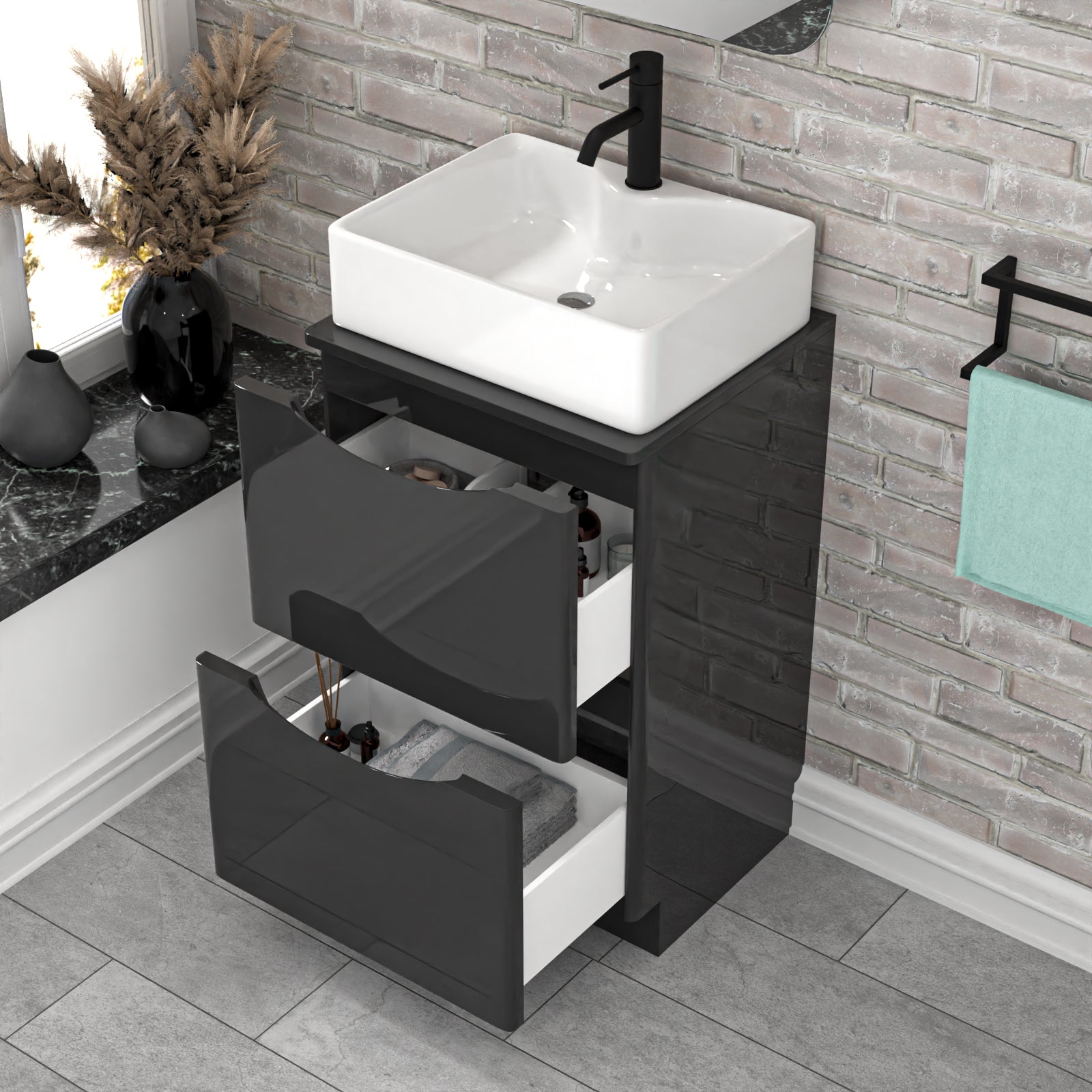 Merton 500mm Dark Grey Bathroom Vanity Unit, Worktop With Square Bowl Basin