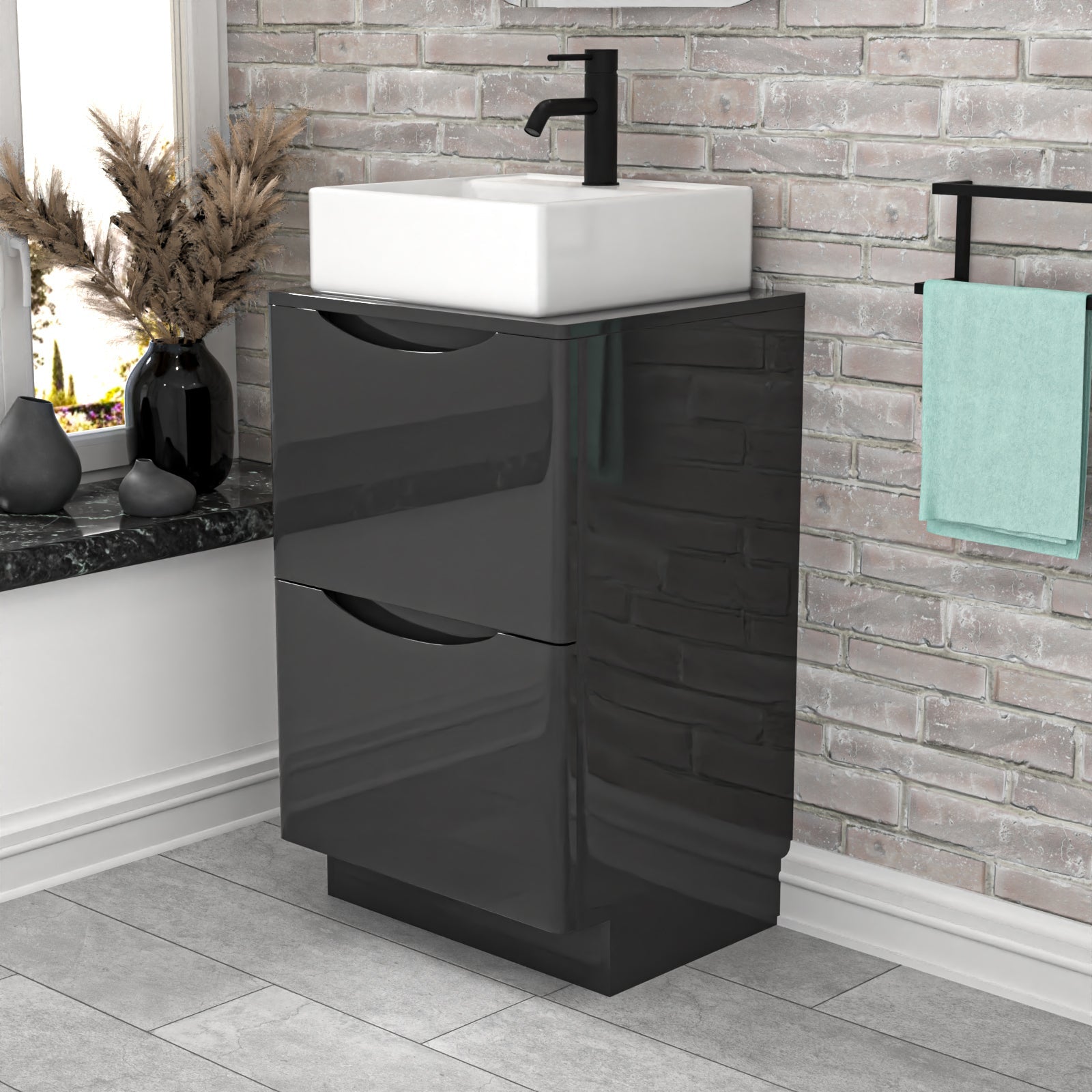 Merton 500mm Dark Grey Bathroom 2 Drawers Vanity & Worktop With Square Basin