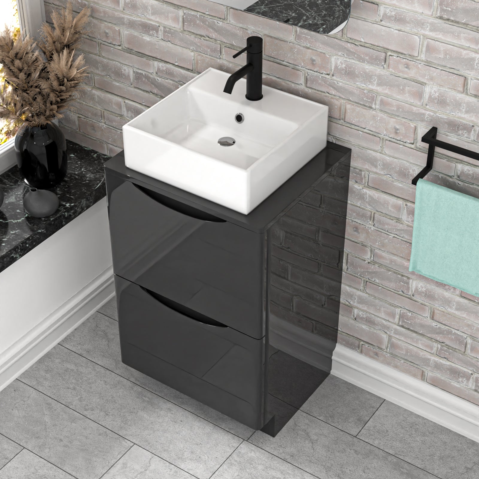 Merton 500mm Dark Grey Bathroom 2 Drawers Vanity & Worktop With Square Basin