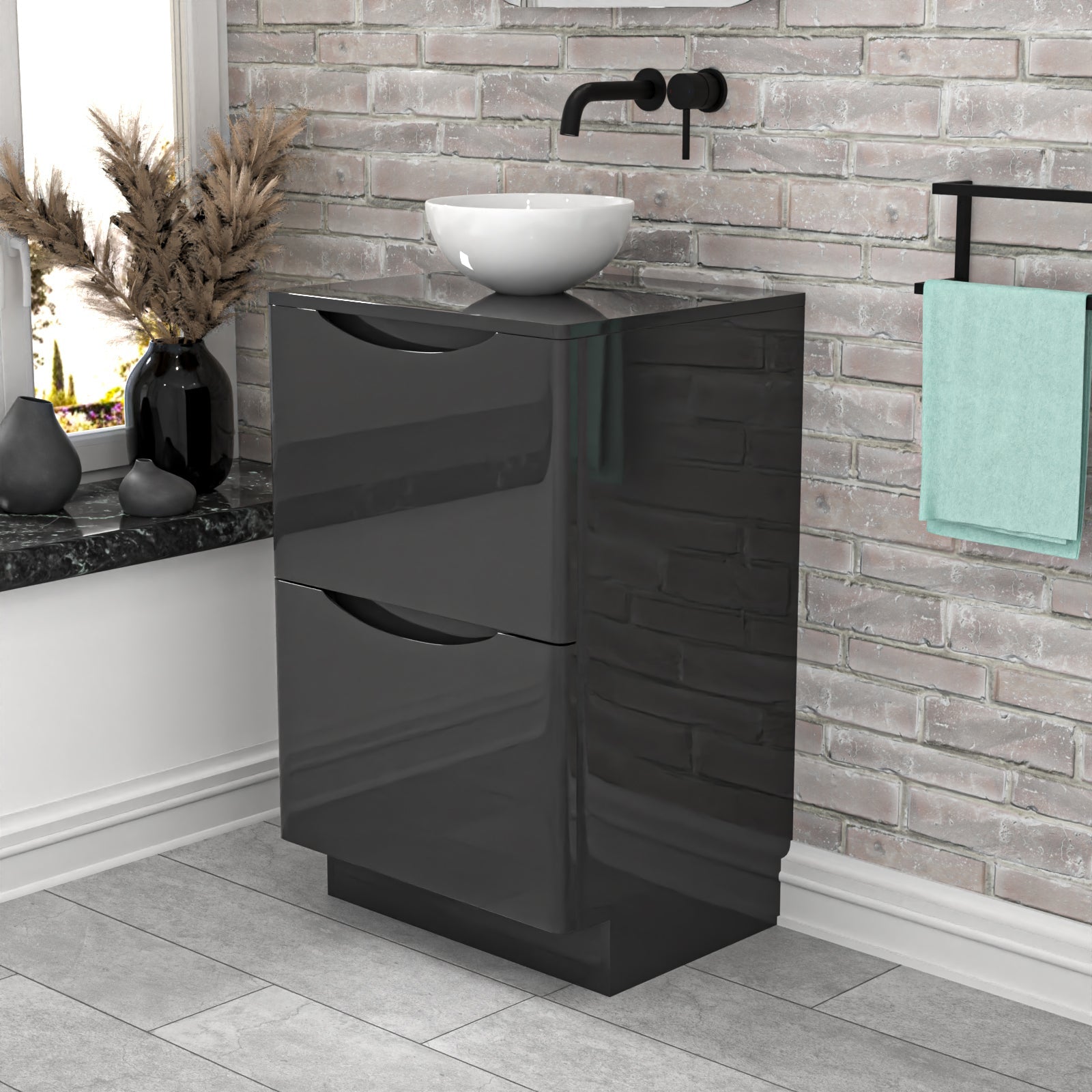 Merton Dark Grey 500mm Bathroom Freestanding Vanity Unit Round Ceramic Basin
