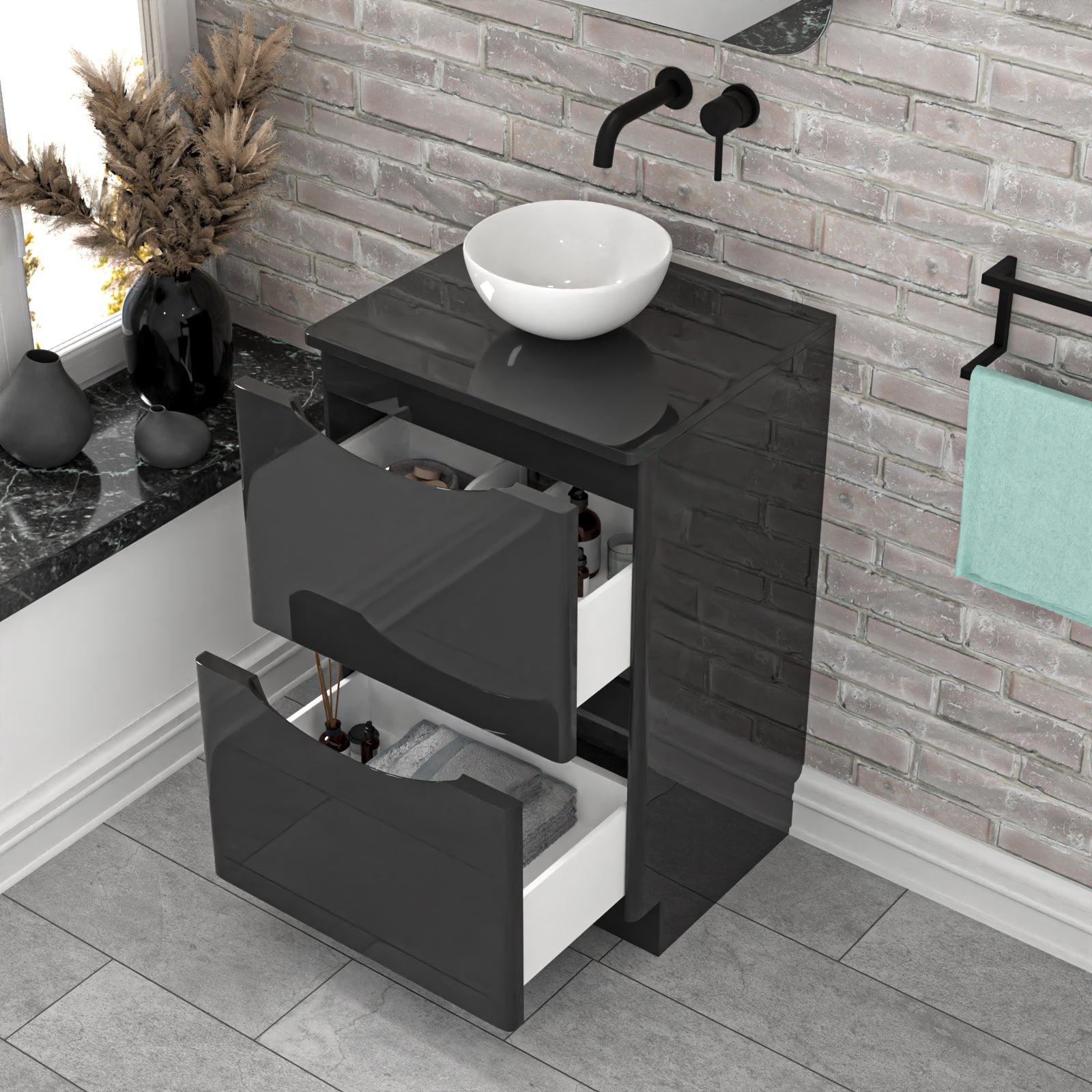 Merton Dark Grey 500mm Bathroom Freestanding Vanity Unit Round Ceramic Basin