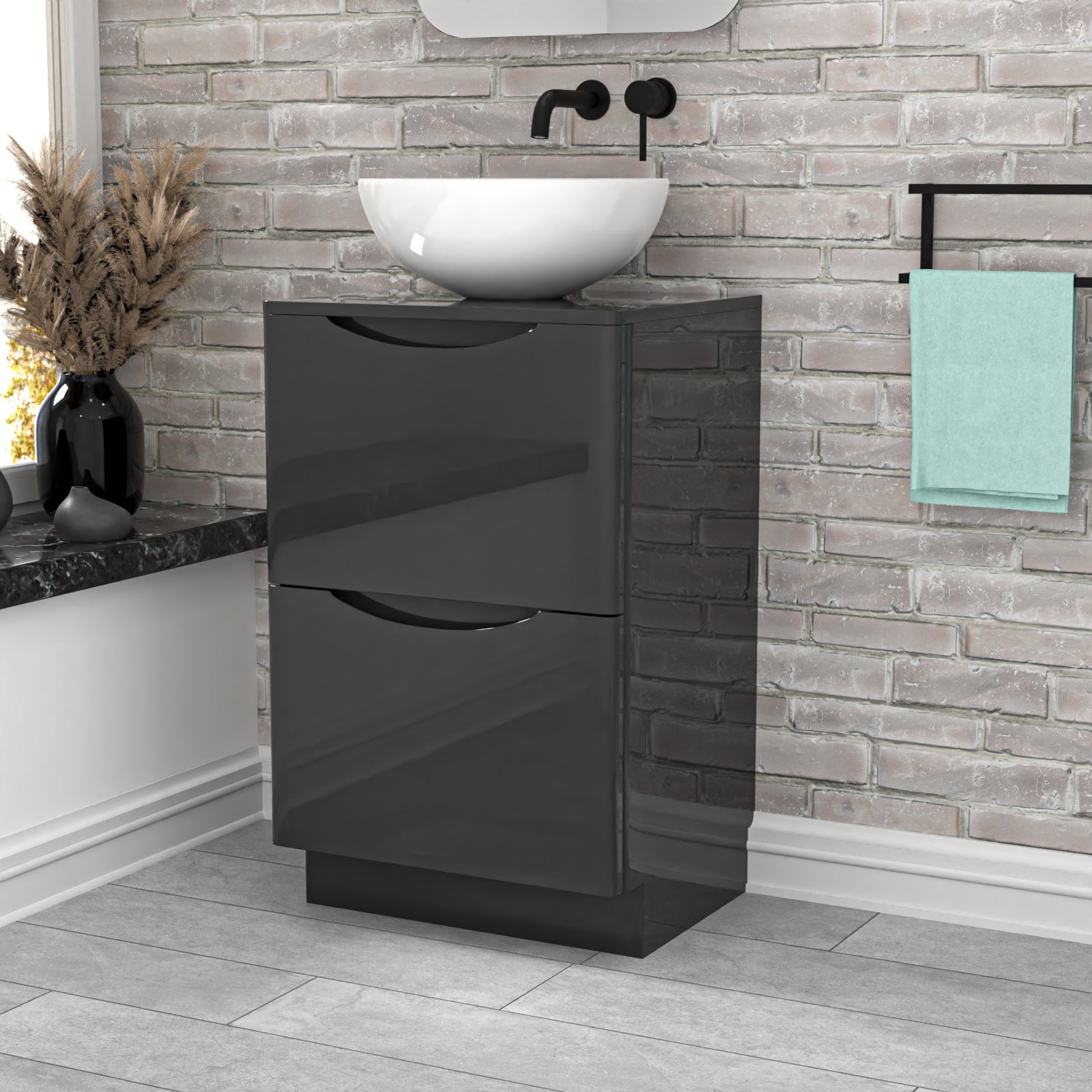 Merton Dark Grey 500mm Freestanding Vanity Round Ceramic Countertop Basin