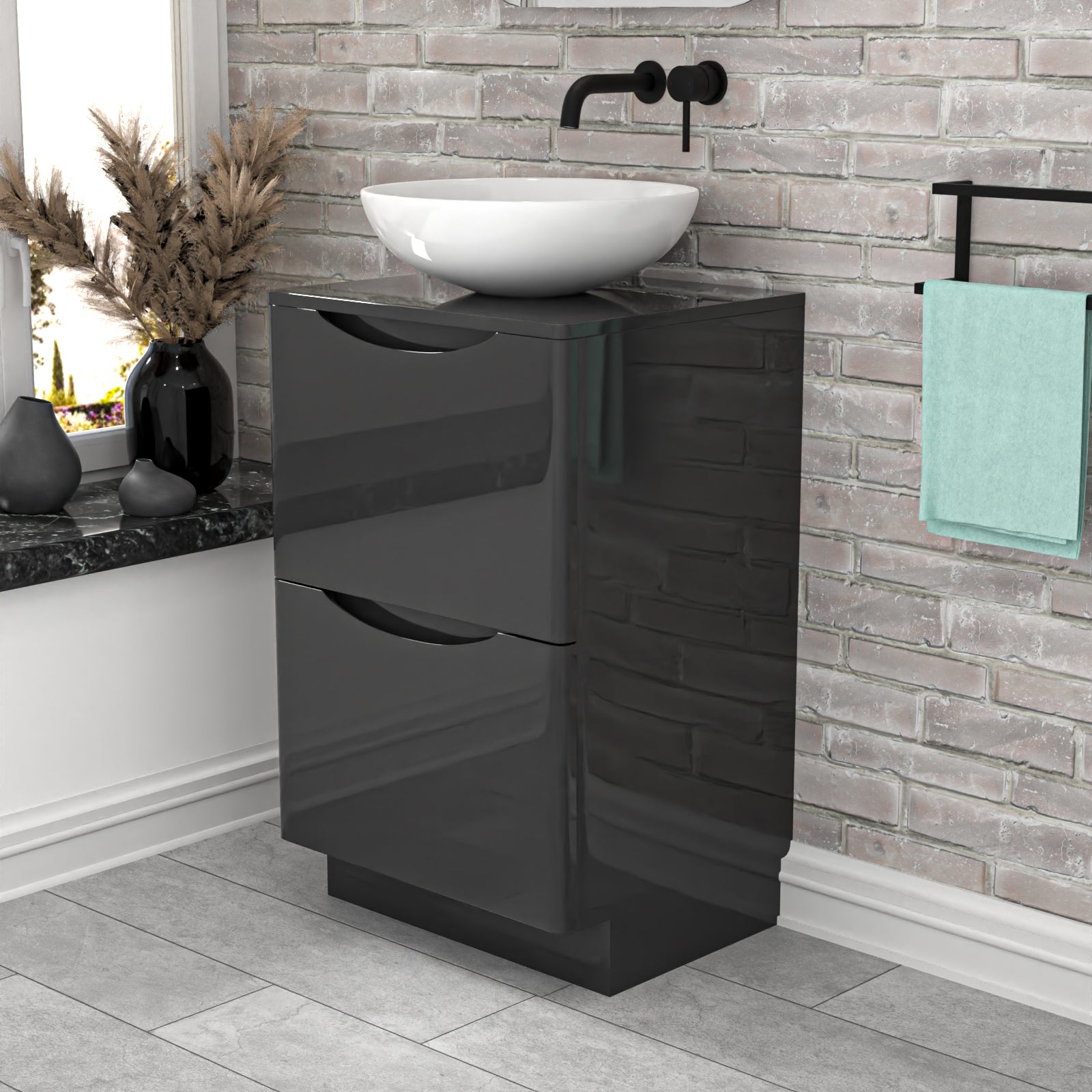 Merton Dark Grey 500mm Freestanding Vanity Unit With Round Ceramic Basin