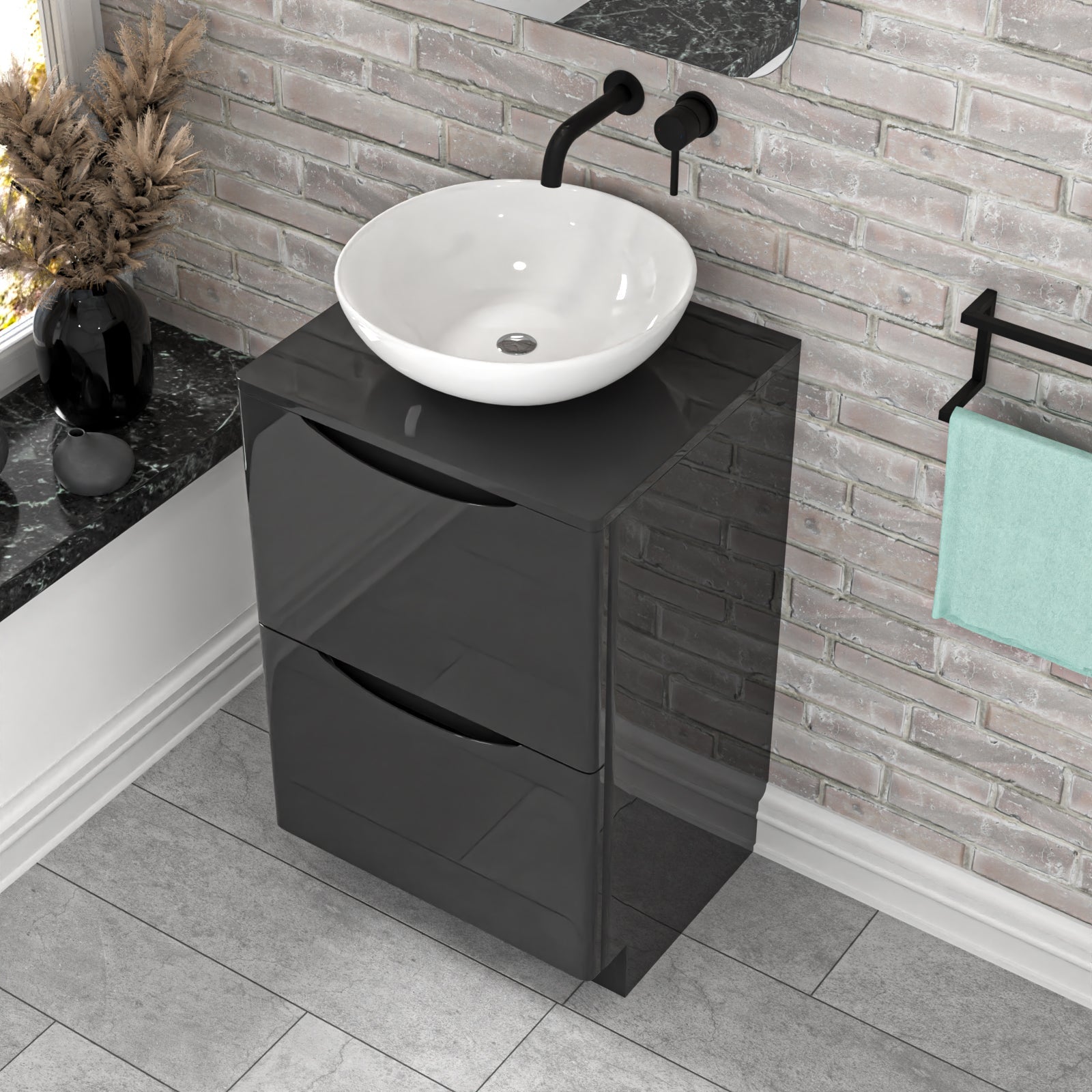 Merton Dark Grey 500mm Freestanding Vanity Unit With Round Ceramic Basin