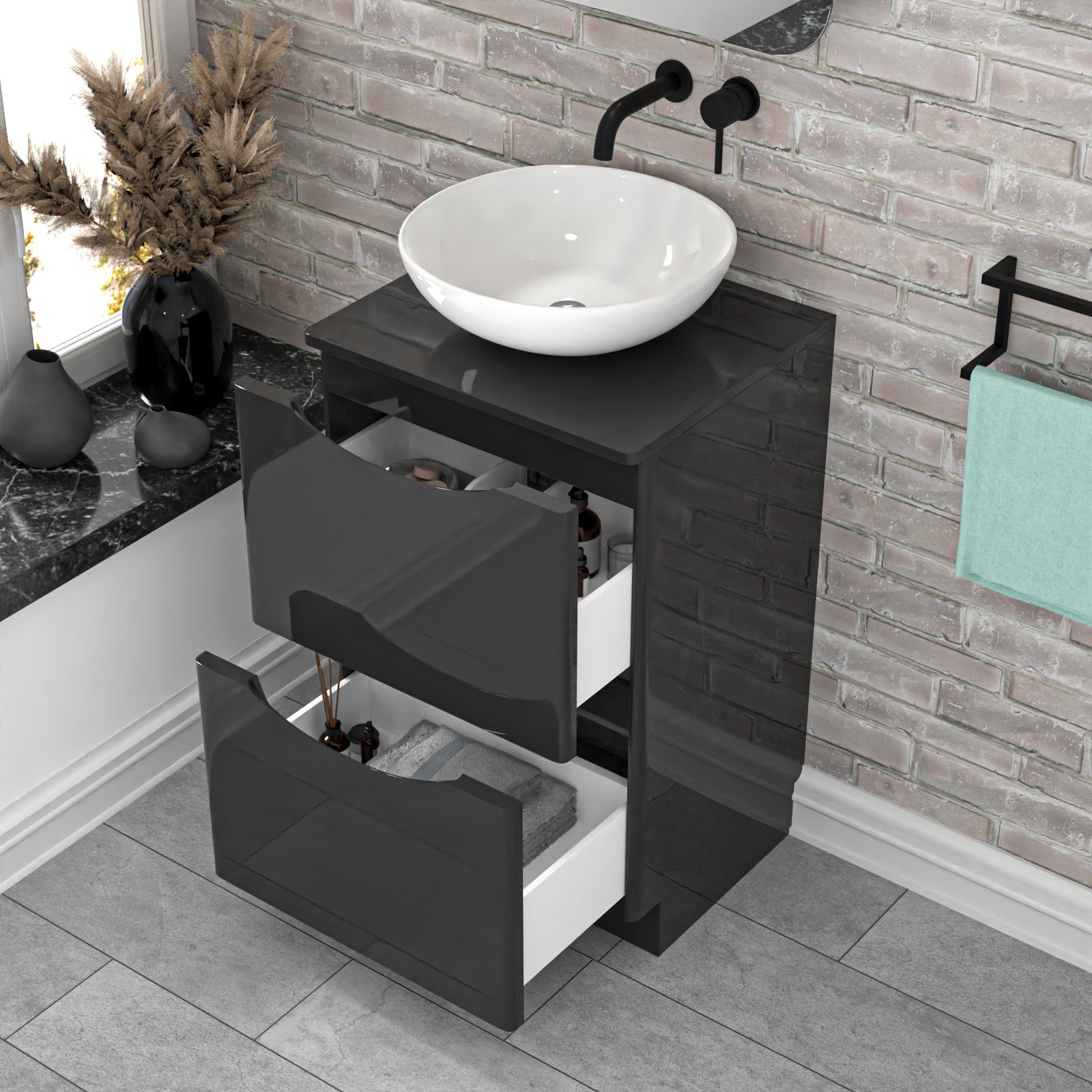 Merton Dark Grey 500mm Freestanding Vanity Unit With Round Ceramic Basin