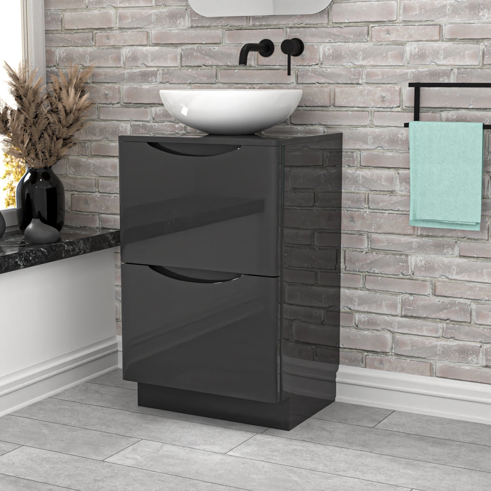 Merton Dark Grey 500mm Freestanding Vanity Unit With Round Ceramic Basin
