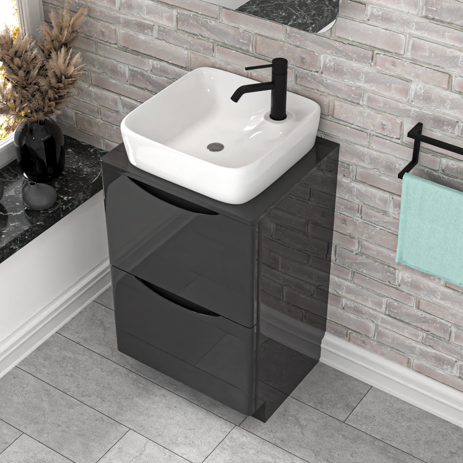 Merton 500mm Dark Grey Drawers Vanity, Worktop & Square Rounded Corner Basin