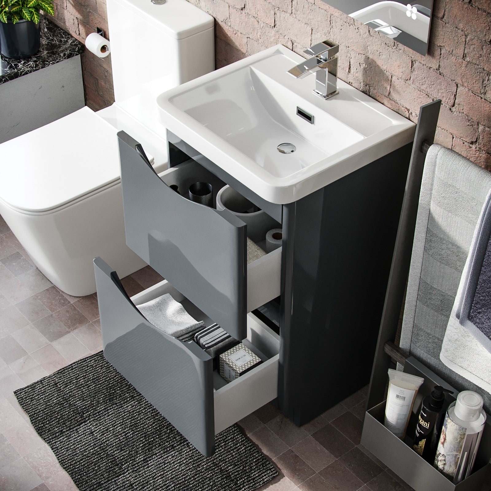 Merton 500mm Freestanding Vanity Basin Unit & Square Rimless Close Coupled Toilet Grey