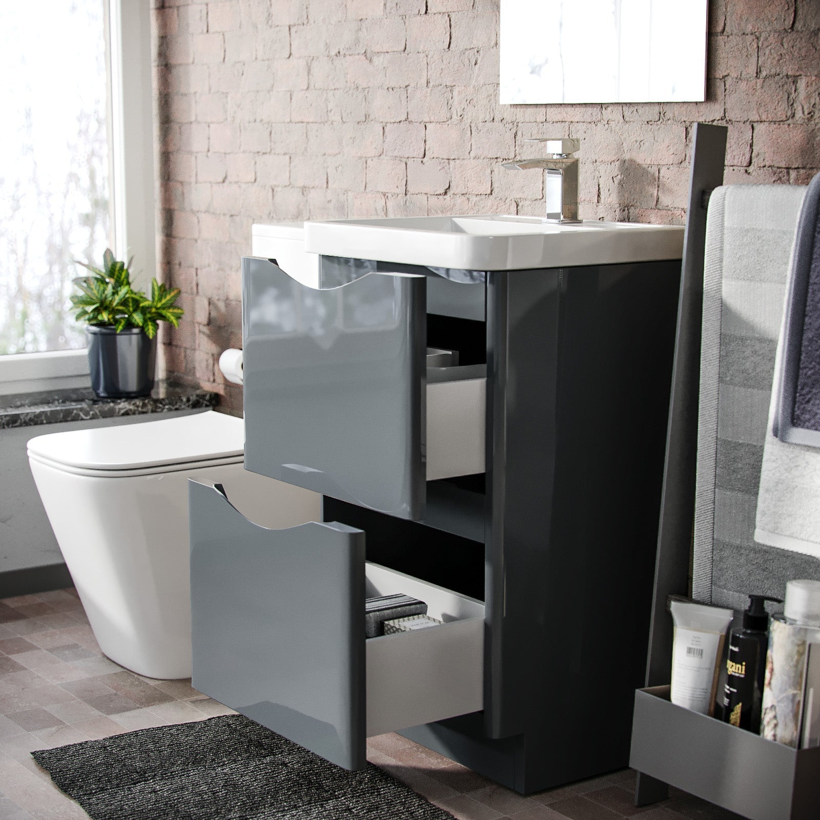 Merton 500mm Freestanding Vanity Basin Unit & Square Rimless Close Coupled Toilet Grey