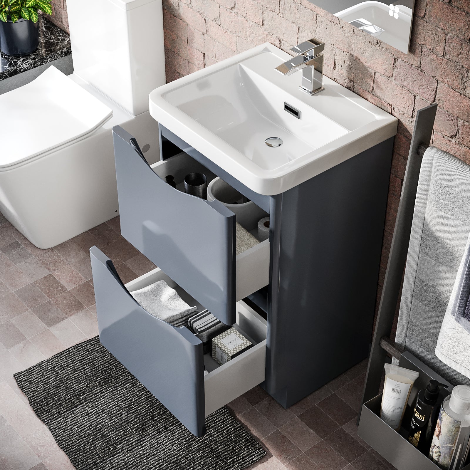 Merton Grey 500mm 2 Drawer Vanity Basin Unit, WC Unit & Elso Back to Wall Toilet