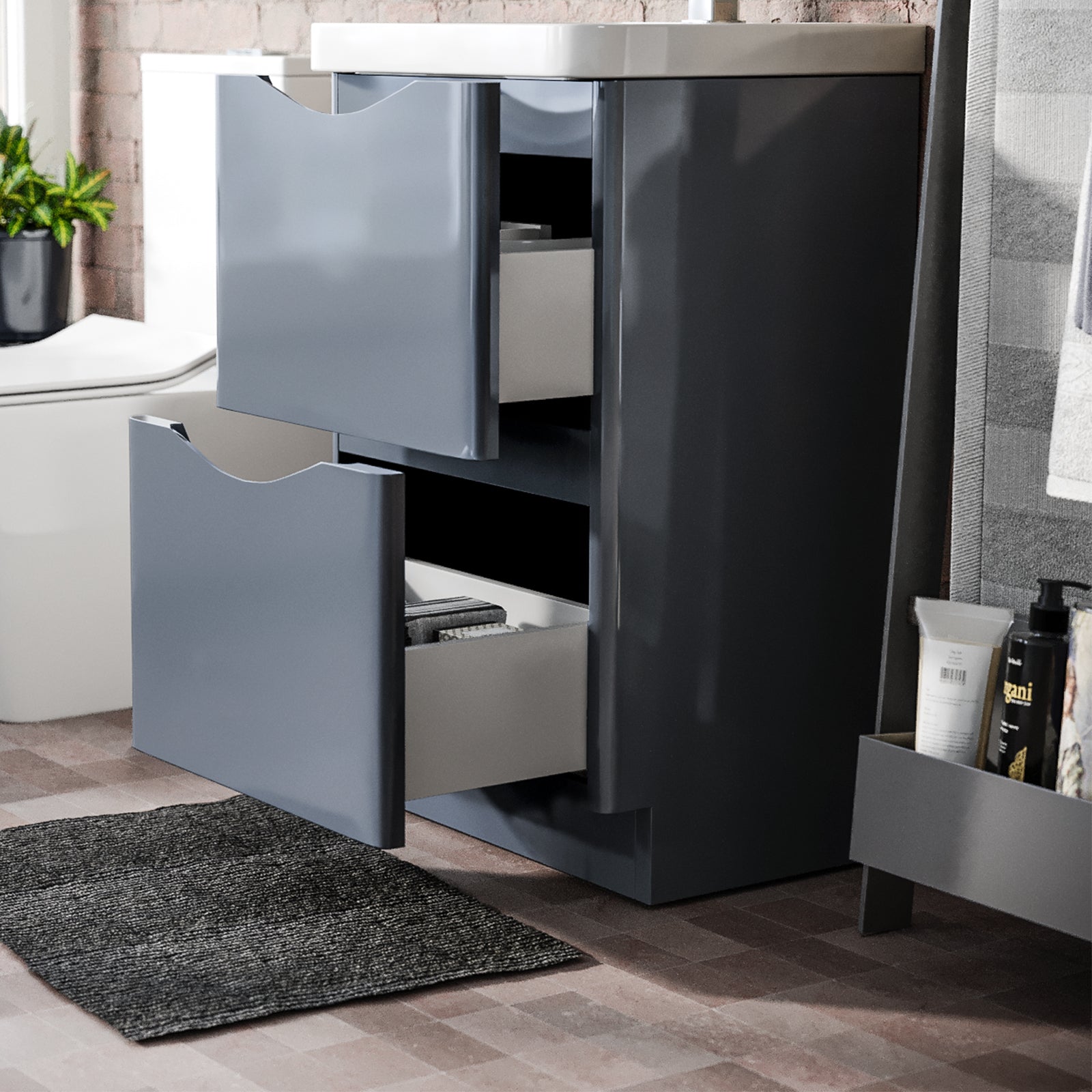 Merton Grey 500mm 2 Drawer Vanity Basin Unit, WC Unit & Elso Back to Wall Toilet