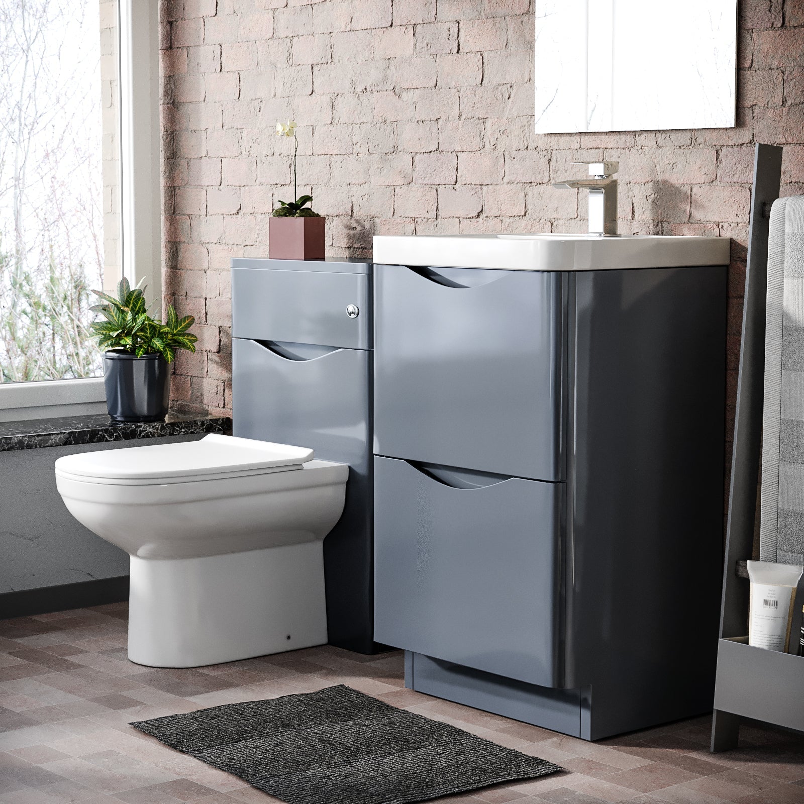 Merton Grey 500mm 2 Drawer Vanity Basin Unit, WC Unit & Elso Back to Wall Toilet
