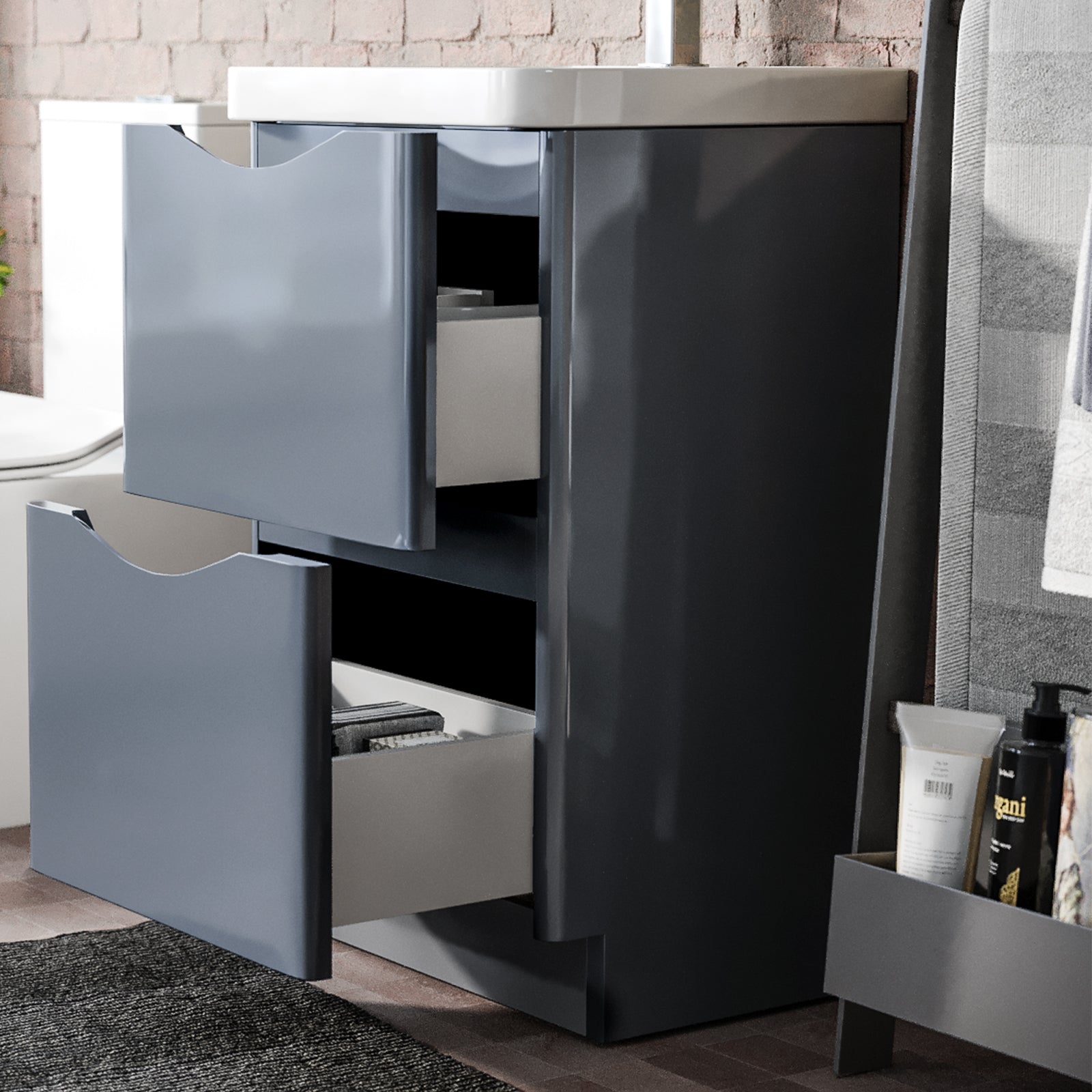 Merton Grey 500mm 2 Drawer Vanity Basin Unit, WC Unit & Chem Back to Wall Toilet