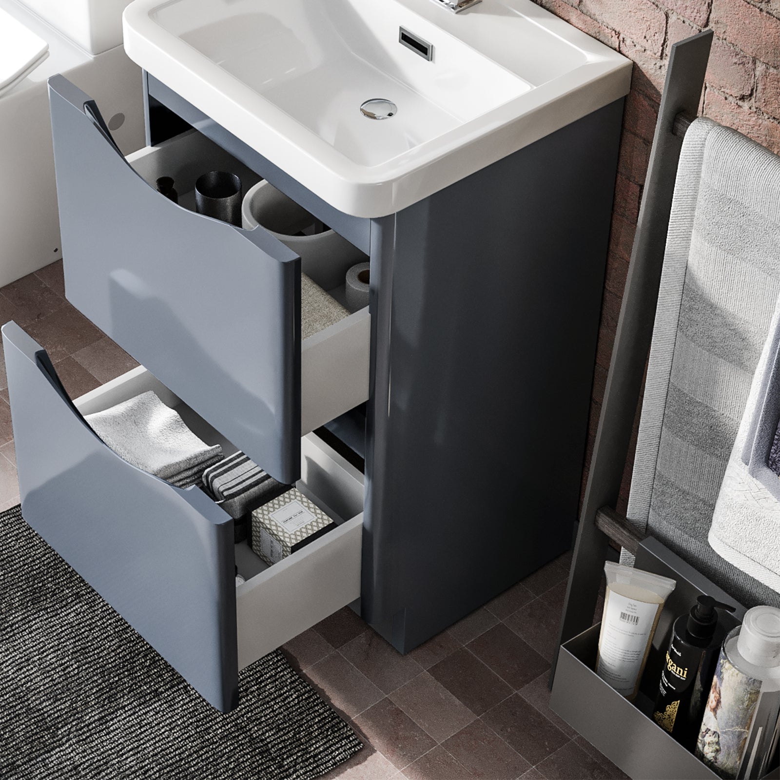 Merton Grey 500mm 2 Drawer Vanity Basin Unit, WC Unit & Chem Back to Wall Toilet