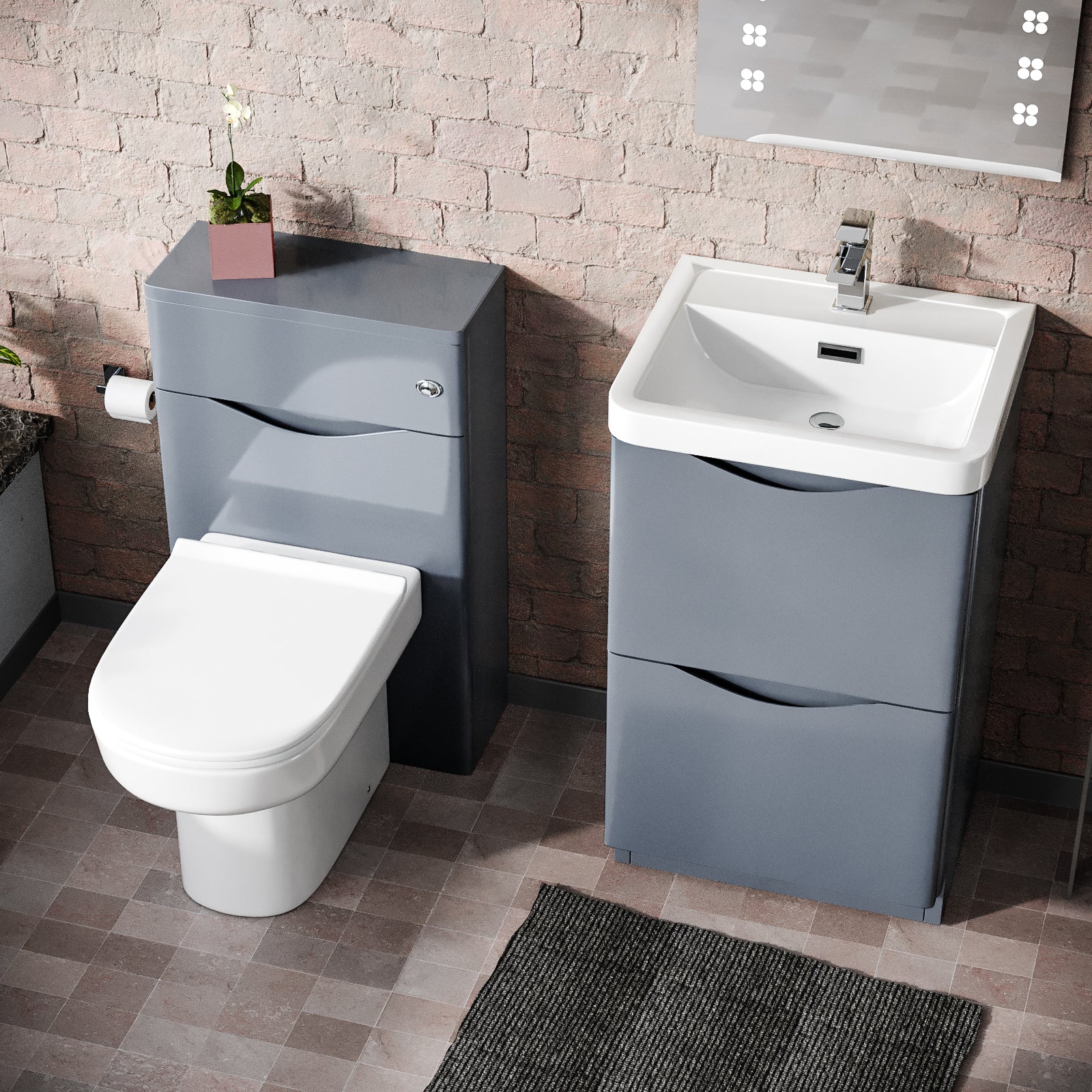 Merton Grey 500mm 2 Drawer Vanity Basin Unit, WC Unit & Chem Back to Wall Toilet