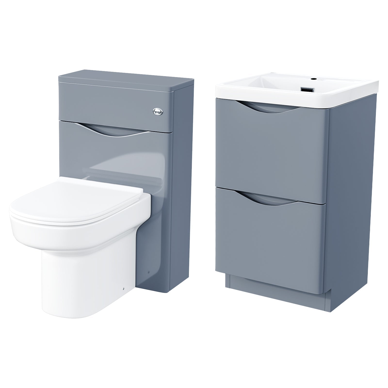 Merton Grey 500mm 2 Drawer Vanity Basin Unit, WC Unit & Chem Back to Wall Toilet