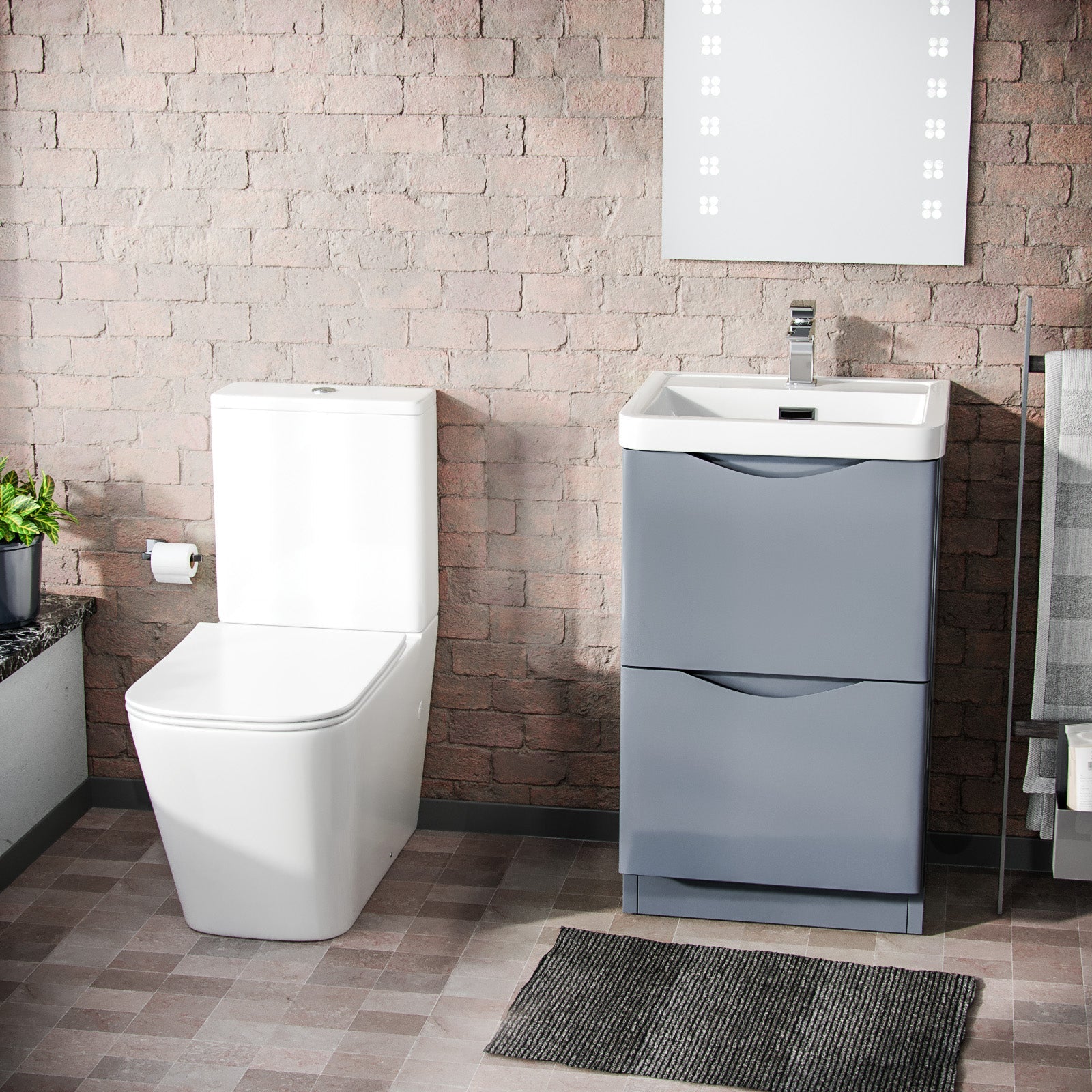 Merton Grey 500mm Freestanding Vanity Basin Unit & Square Rimless Close Coupled Toilet