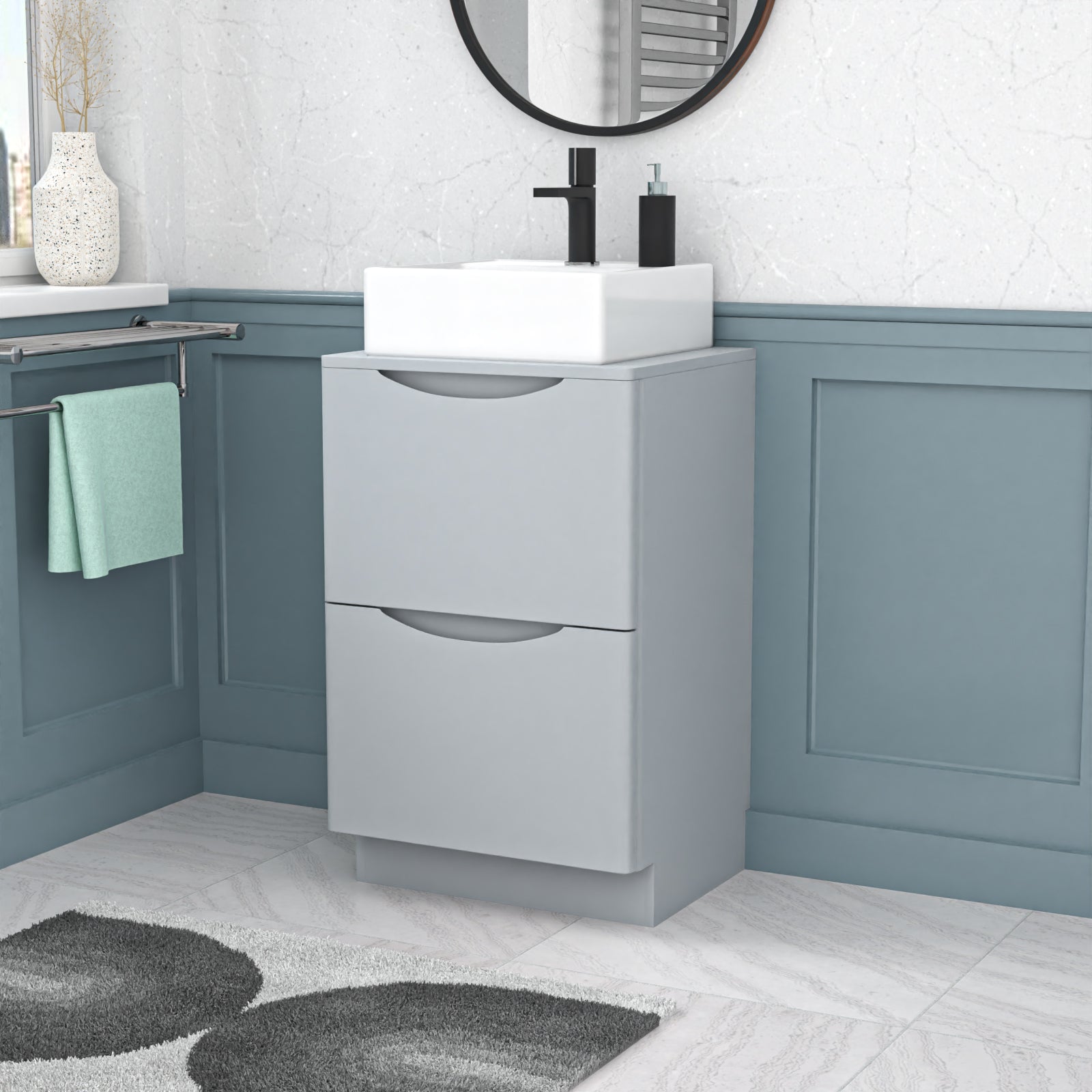 Merton 500mm Matte Grey Bathroom 2 Drawers Vanity & Worktop With Square Basin