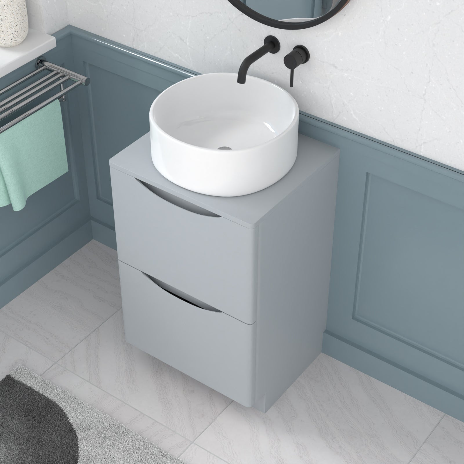 Merton 500mm Matte Grey Freestanding 2 Drawers Vanity & Worktop With Round Basin