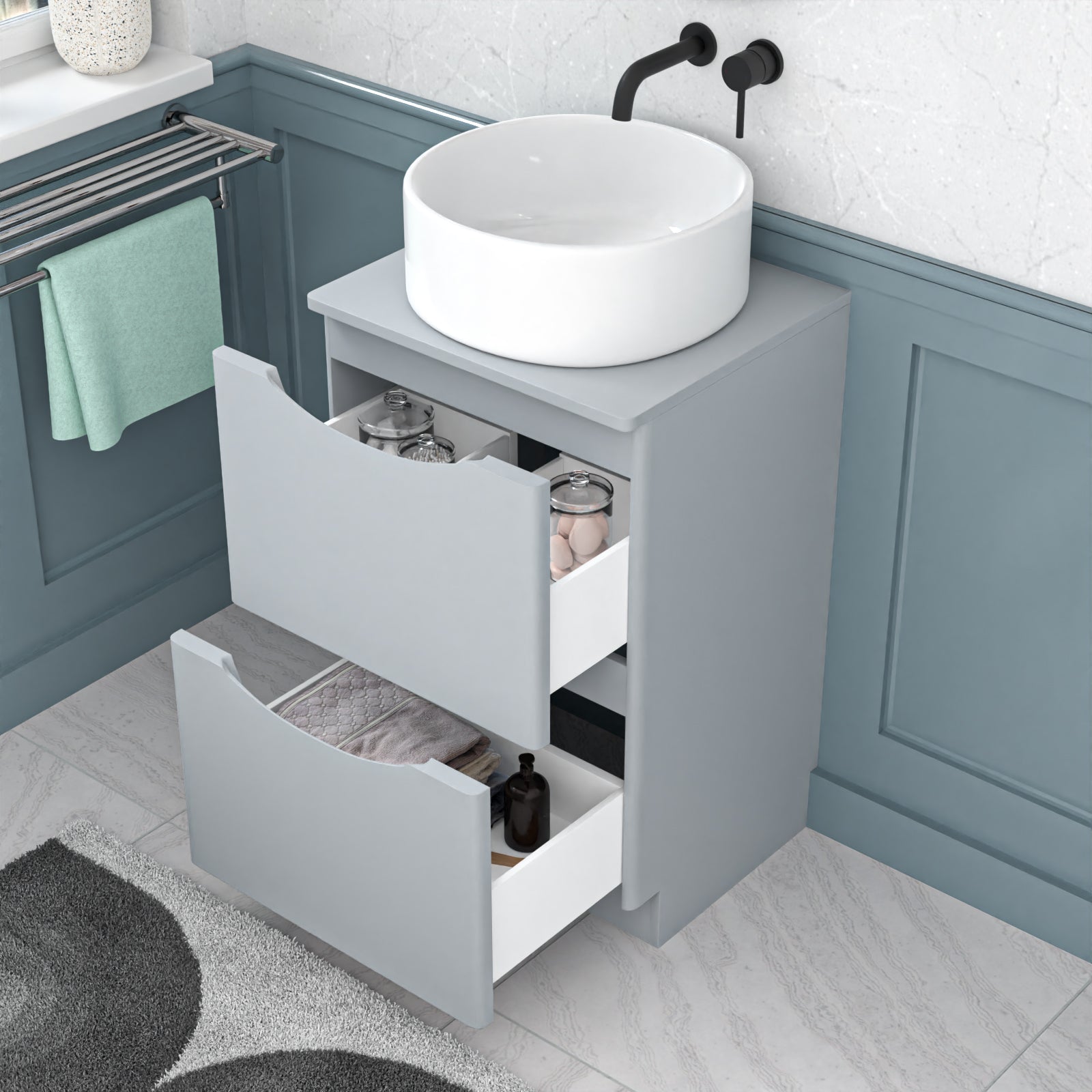 Merton 500mm Matte Grey Freestanding 2 Drawers Vanity & Worktop With Round Basin