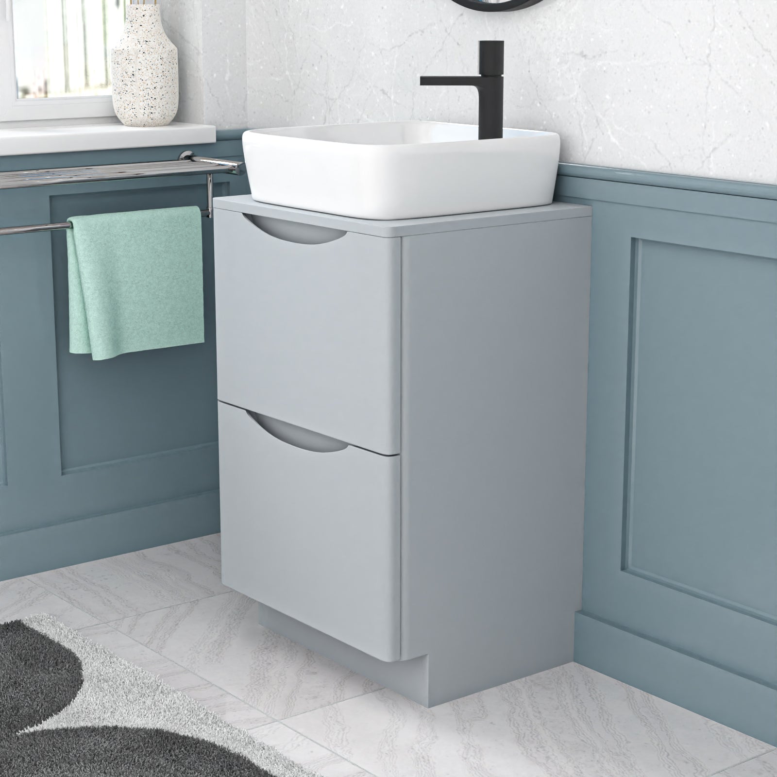 Merton 500mm Matte Grey Drawers Vanity, Worktop & Square Rounded Corner Basin