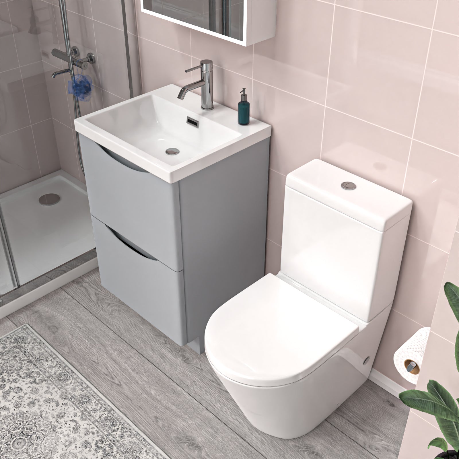Merton Matte Grey 500mm Basin Vanity Unit and Rimless Close Coupled Toilet