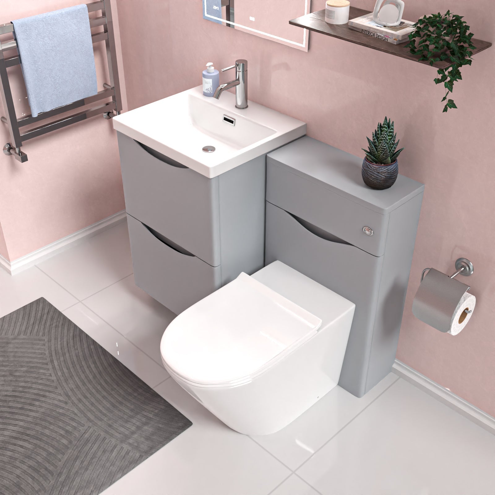Merton Matte Grey 1000mm Freestanding Basin Vanity WC Unit & Modern BTW White Toilet