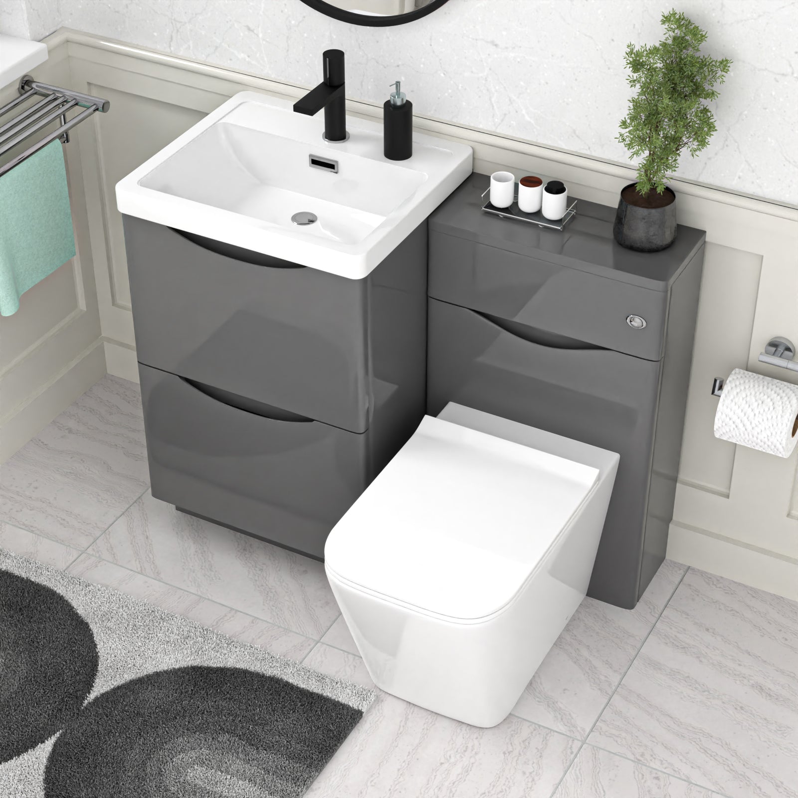 Bathroom setup with gray vanity unit, white sink, and toilet.