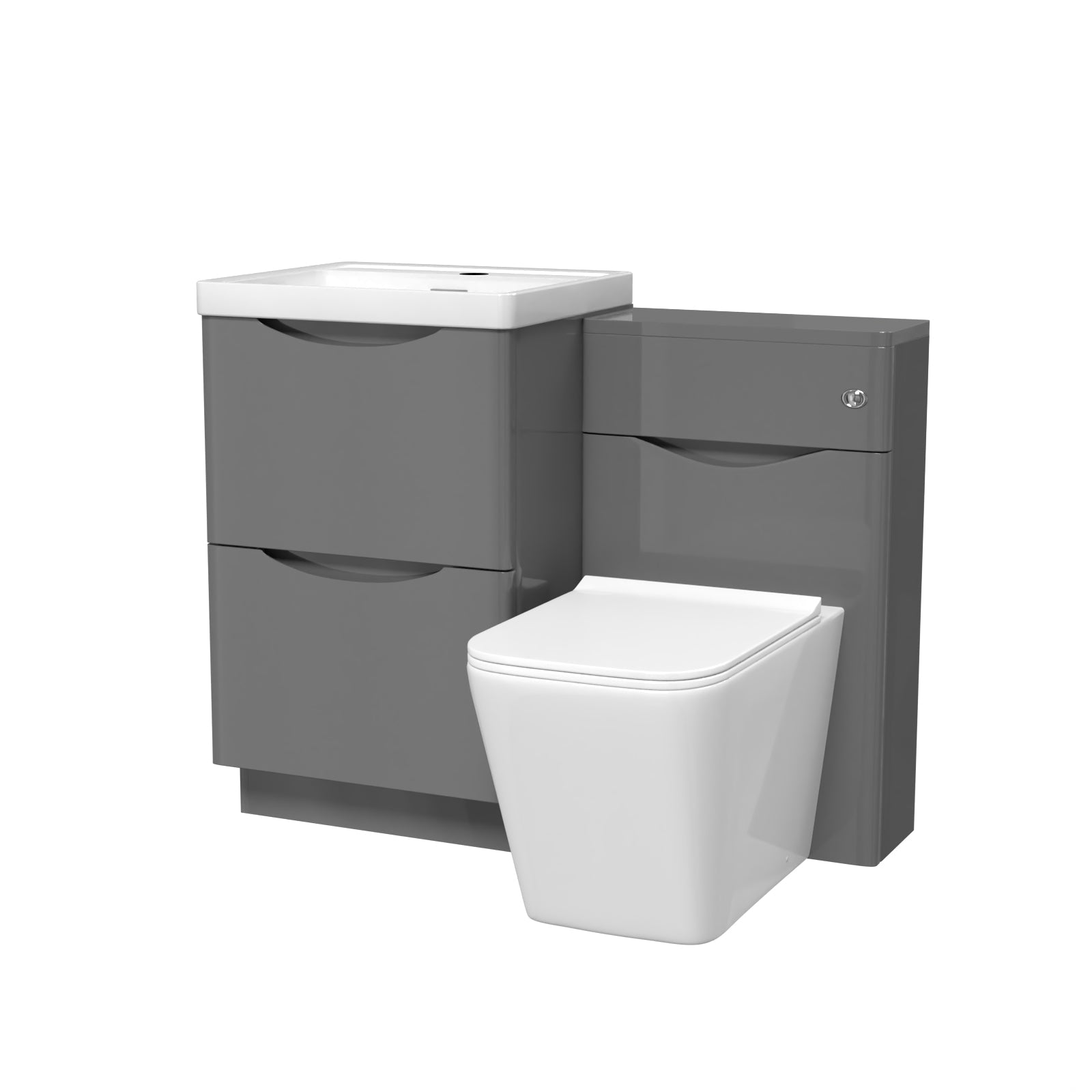 Bathroom vanity unit with sink and toilet on a white background