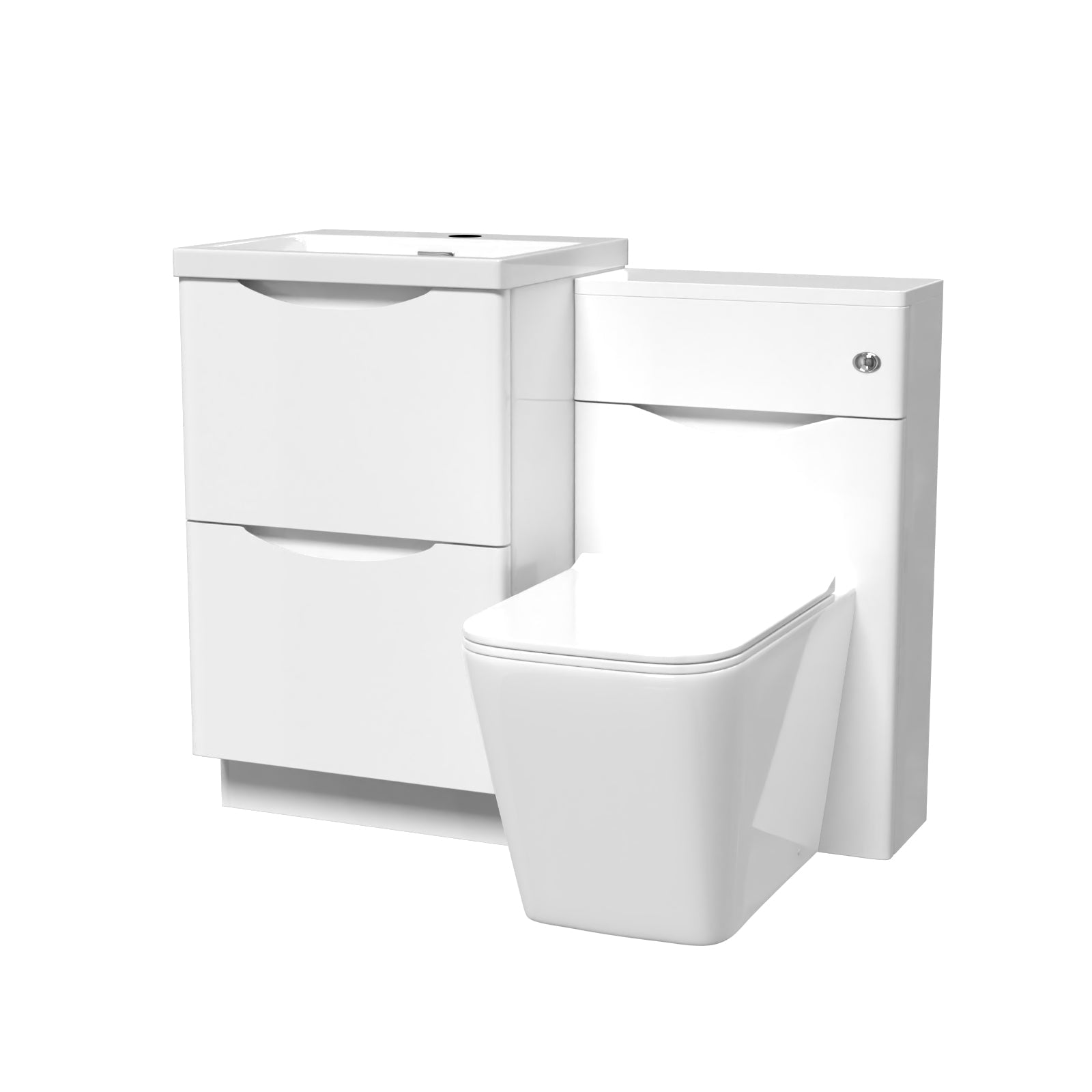 White toilet and vanity unit with two drawers on a white background