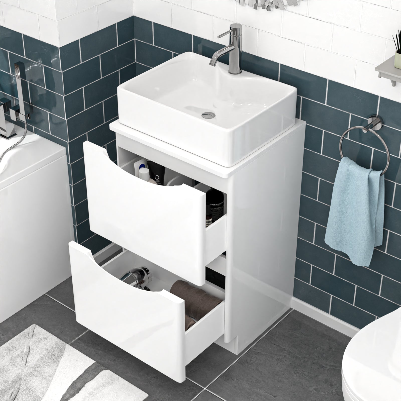 Merton 500mm White Freestanding Vanity Unit, Worktop With Square Bowl Basin