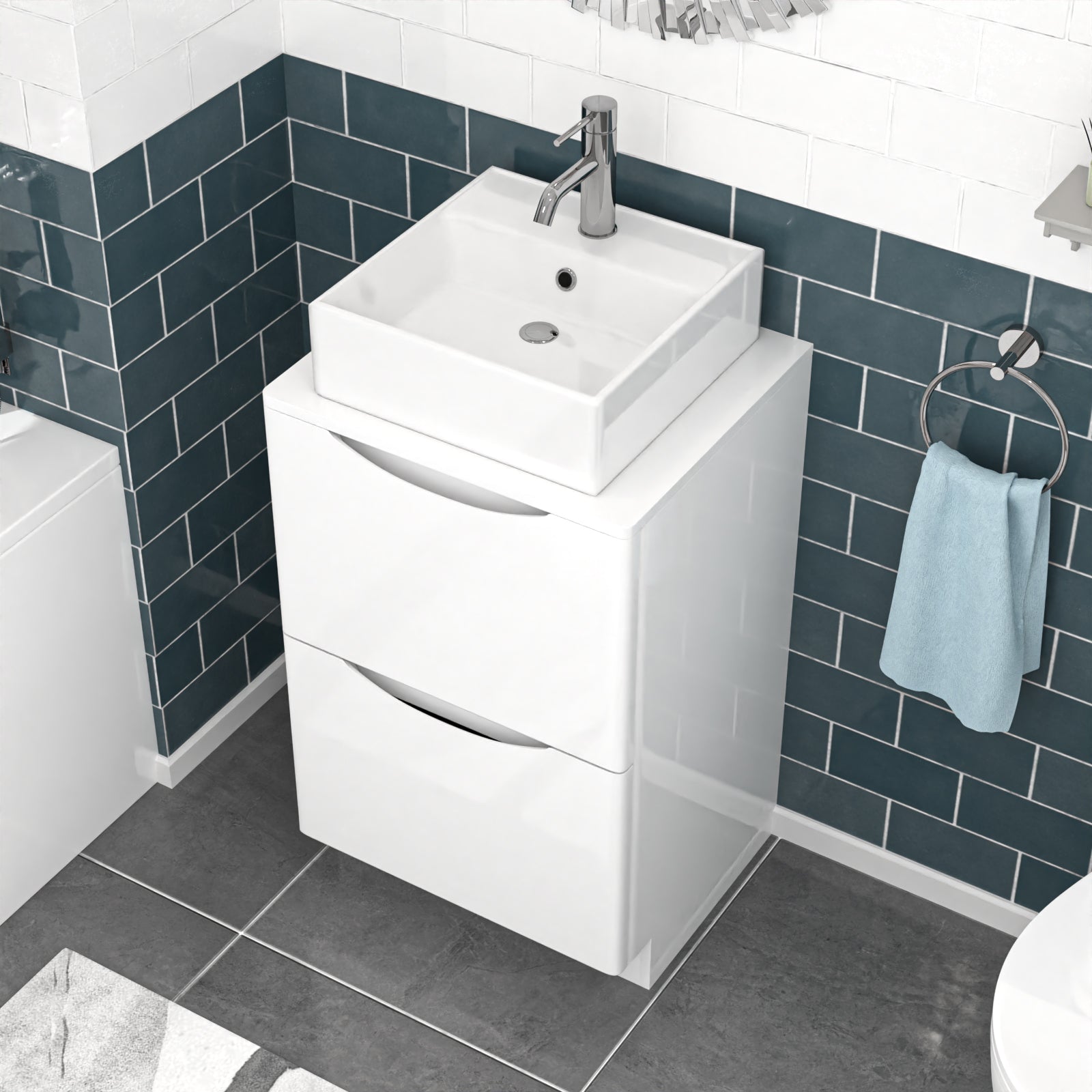 Merton 500mm White Freestanding 2 Drawers Vanity & Worktop With Square Basin