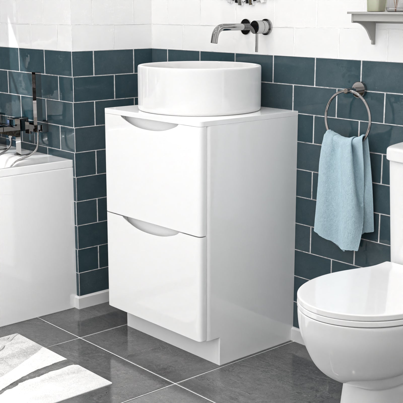 Merton 500mm White Freestanding 2 Drawers Vanity & Worktop With Round Basin
