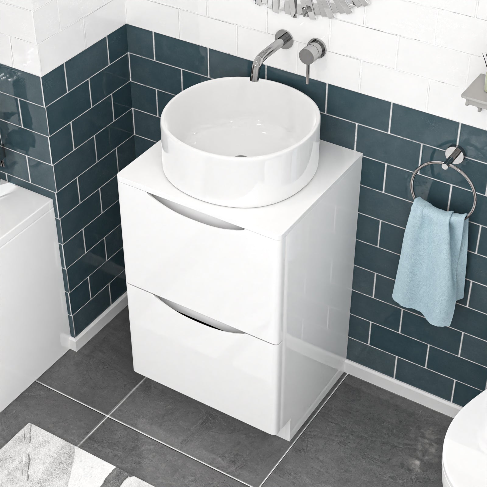 Merton 500mm White Freestanding 2 Drawers Vanity & Worktop With Round Basin