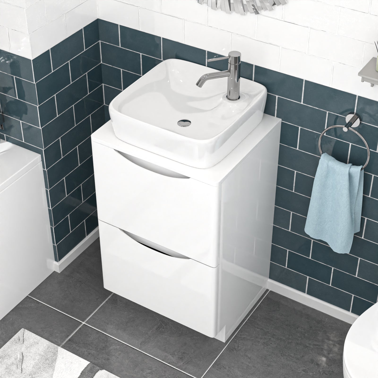 Merton 500mm White Drawers Vanity, Worktop & Square Rounded Corner Basin