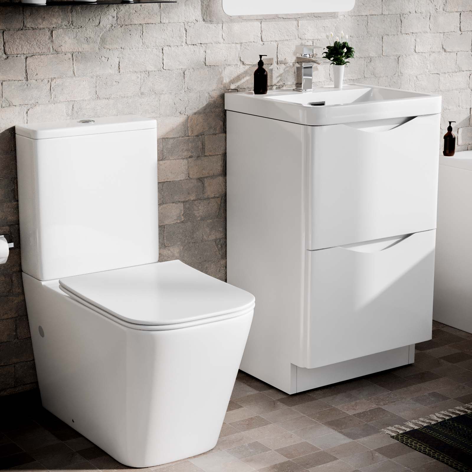 White 1700mm Bath 500mm Vanity Basin Unit with Modern Rimless Toilet