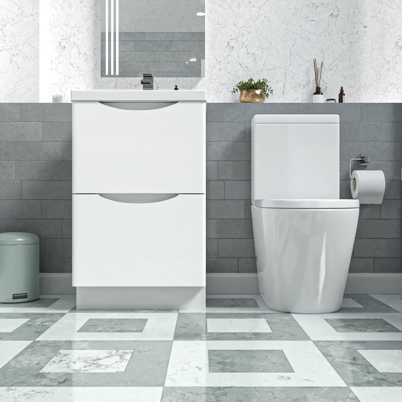 White 500mm Basin Vanity Unit and Rimless Close Coupled Toilet