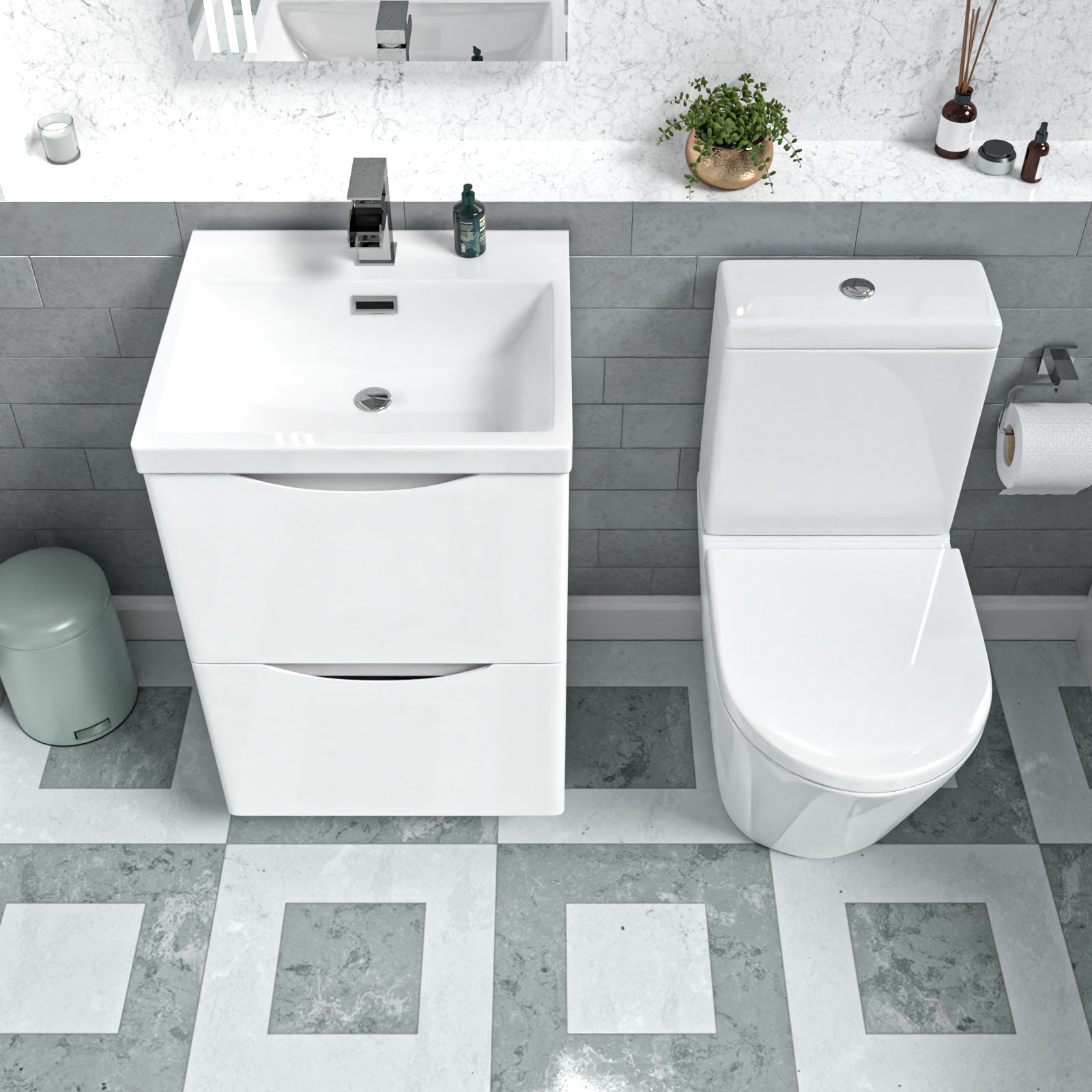 White 500mm Basin Vanity Unit + Rimless Close Coupled Toilet