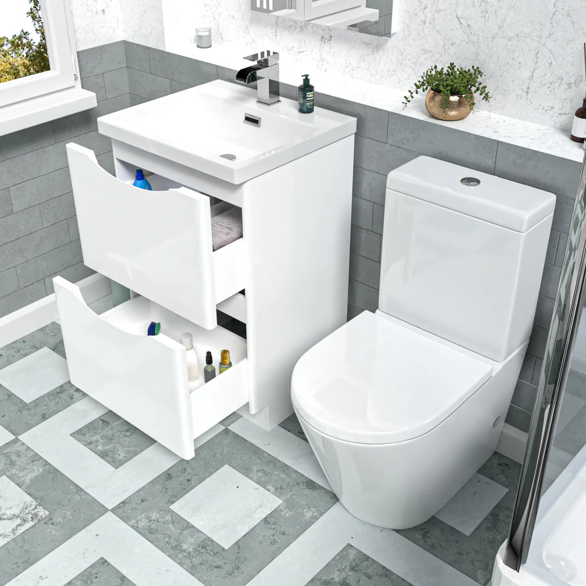 White 500mm Basin Vanity Unit + Rimless Close Coupled Toilet