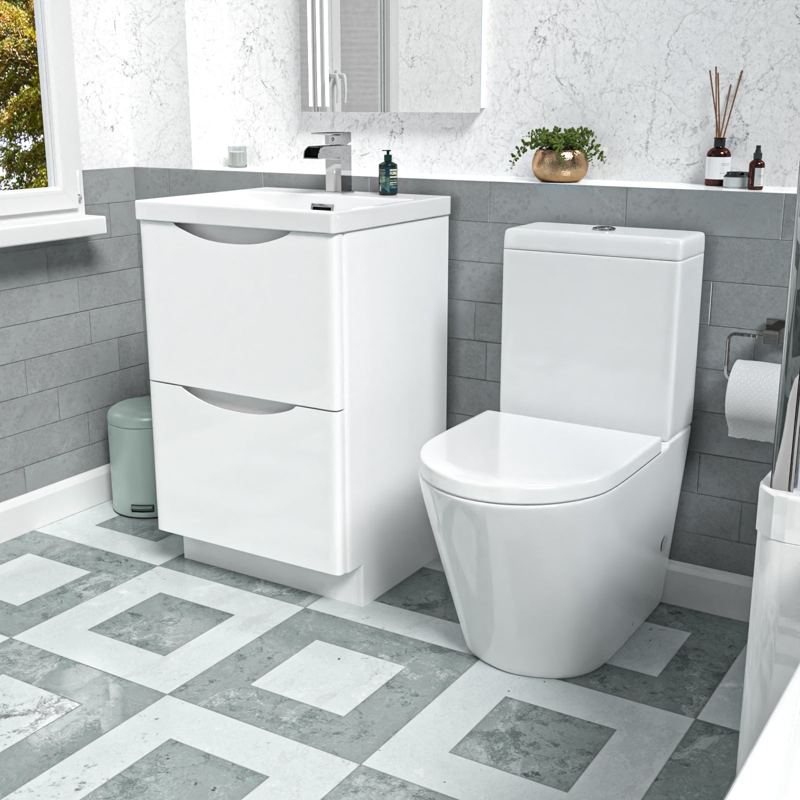 White 500mm Basin Vanity Unit and Rimless Close Coupled Toilet