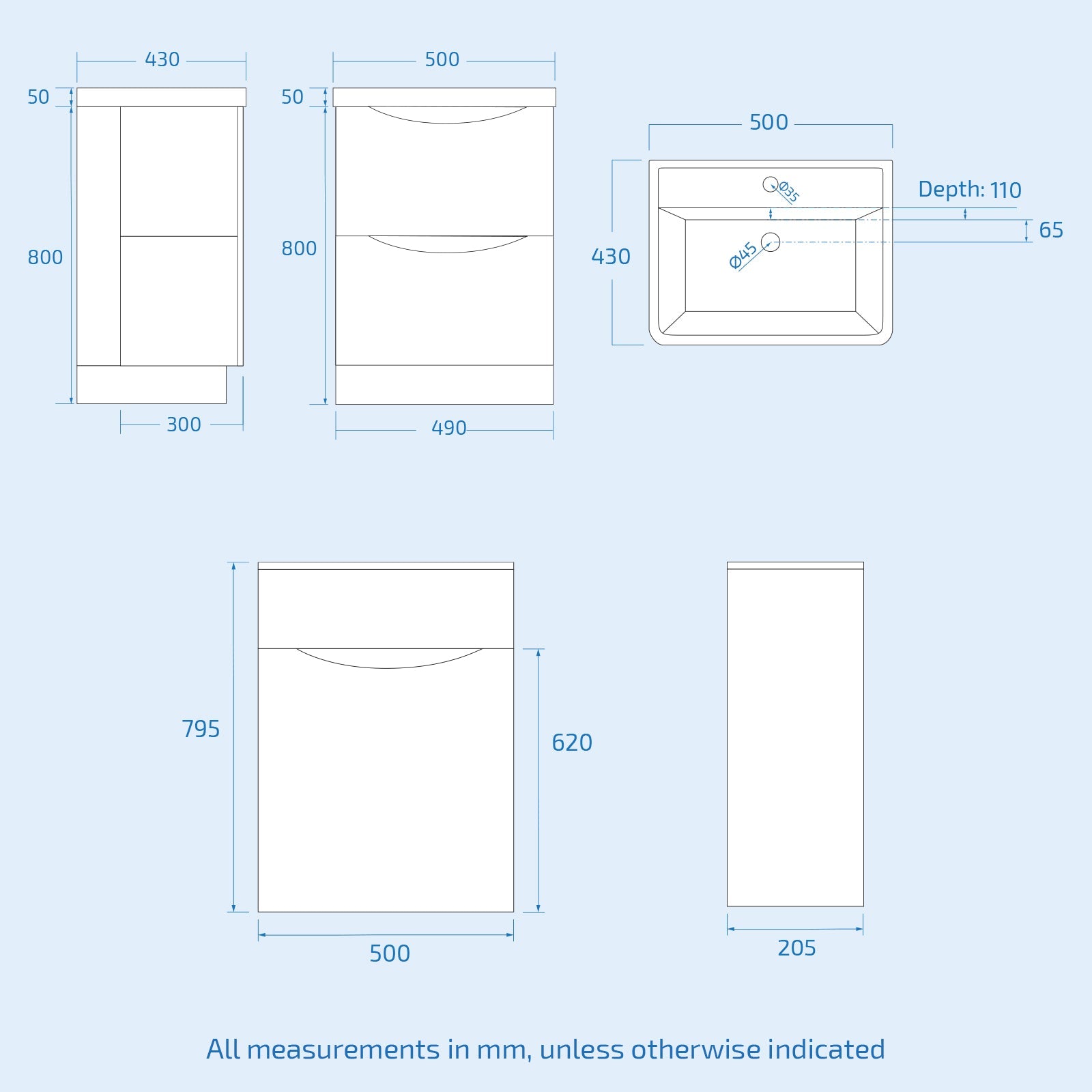 Merton White 500mm 2 Drawer Vanity Cabinet with Basin and WC Toilet Unit Combo