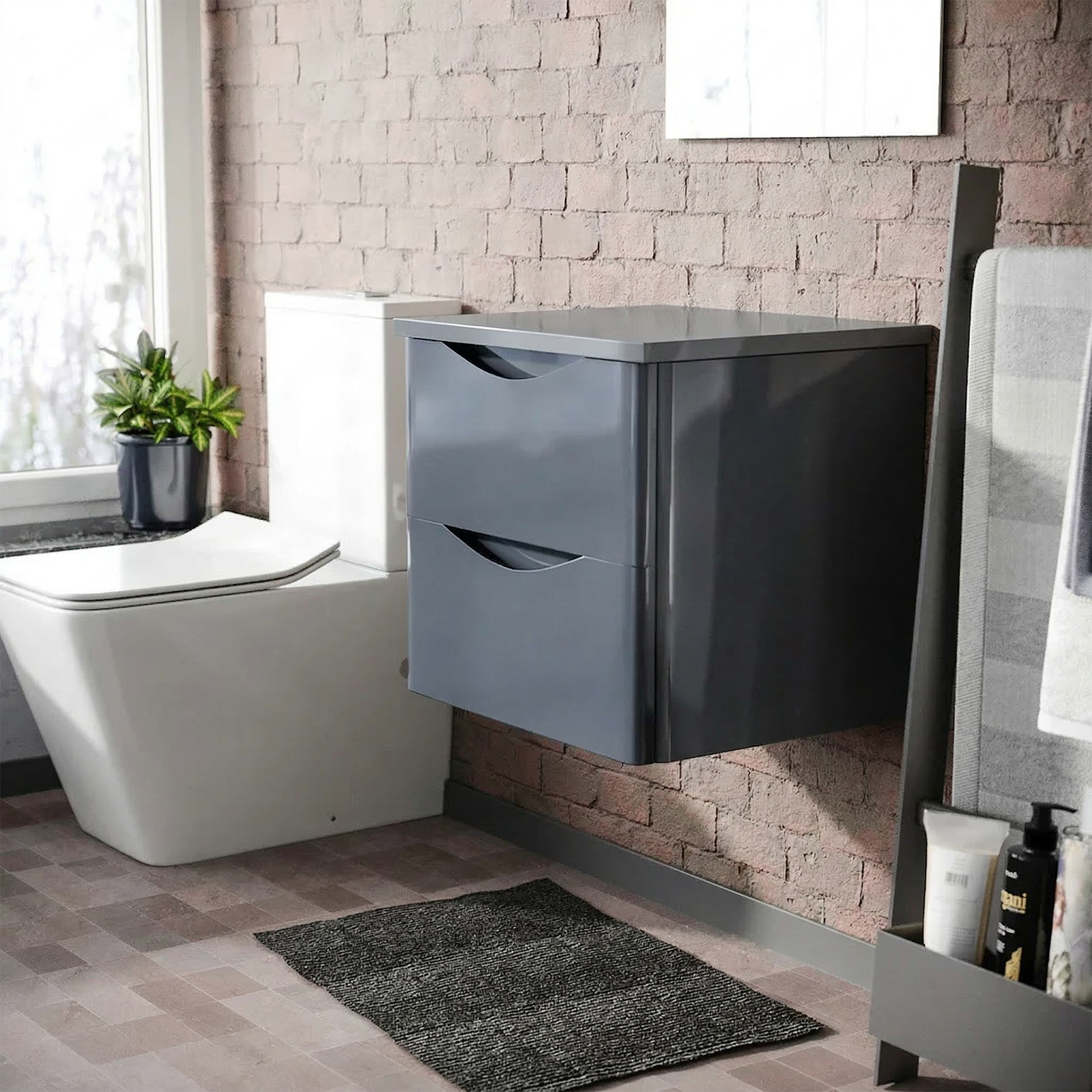 Merton 500mm Steel Grey Wall Hung 2 Drawers Worktop Vanity Unit