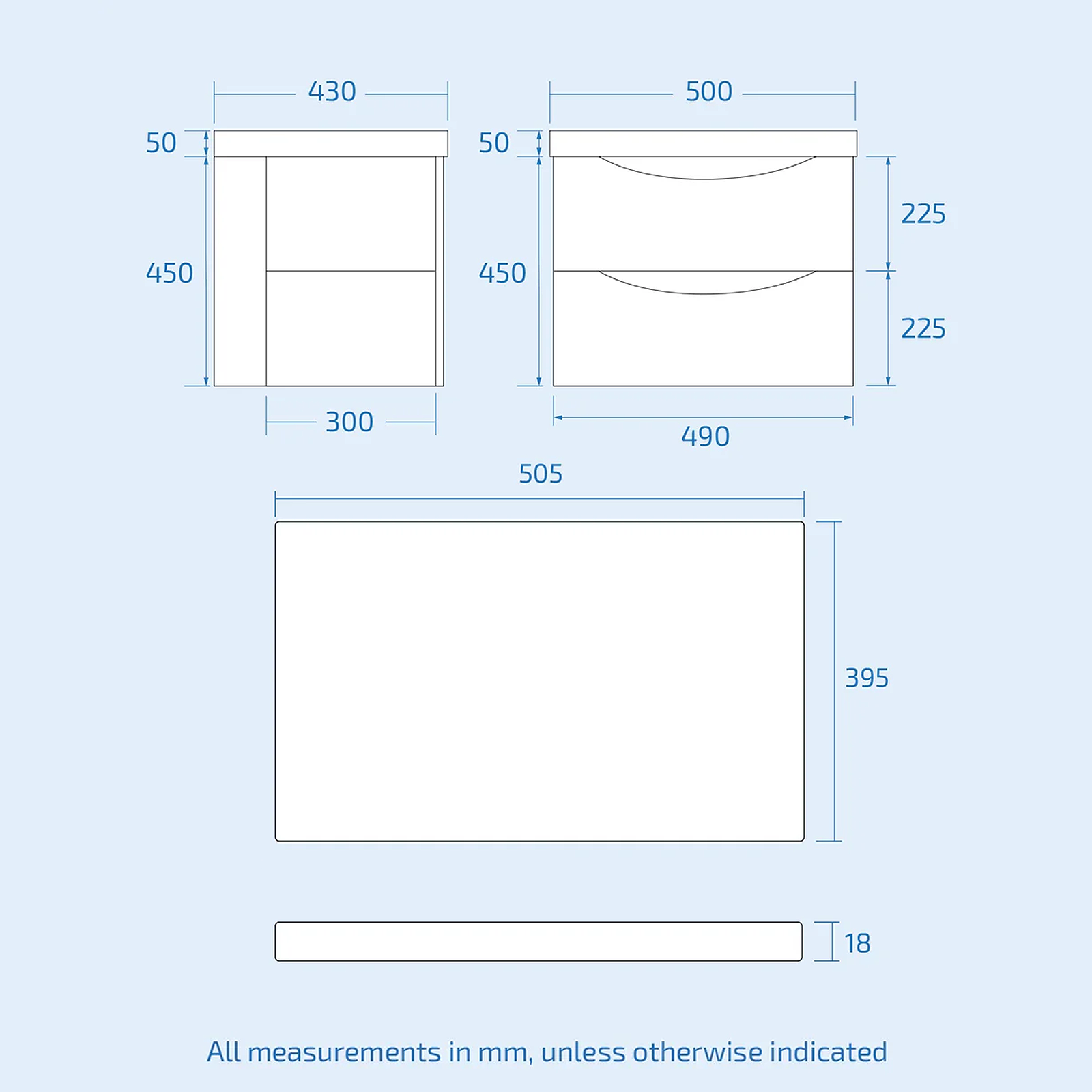 Merton 500mm Steel Grey Wall Hung 2 Drawers Worktop Vanity Unit