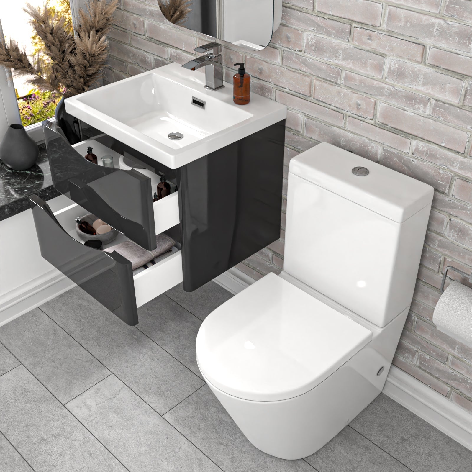 Merton 500mm Dark Grey Wall Hung Vanity Basin Vanity & Close Coupled Toilet