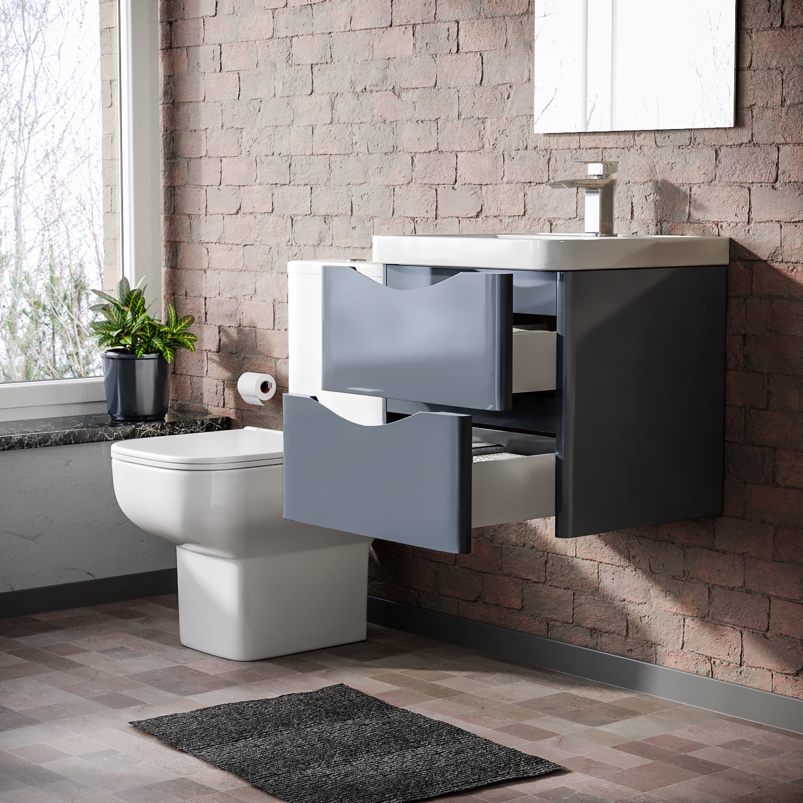 Merton Grey 500mm Wall Hung Vanity Basin Unit & Close Coupled Toilet